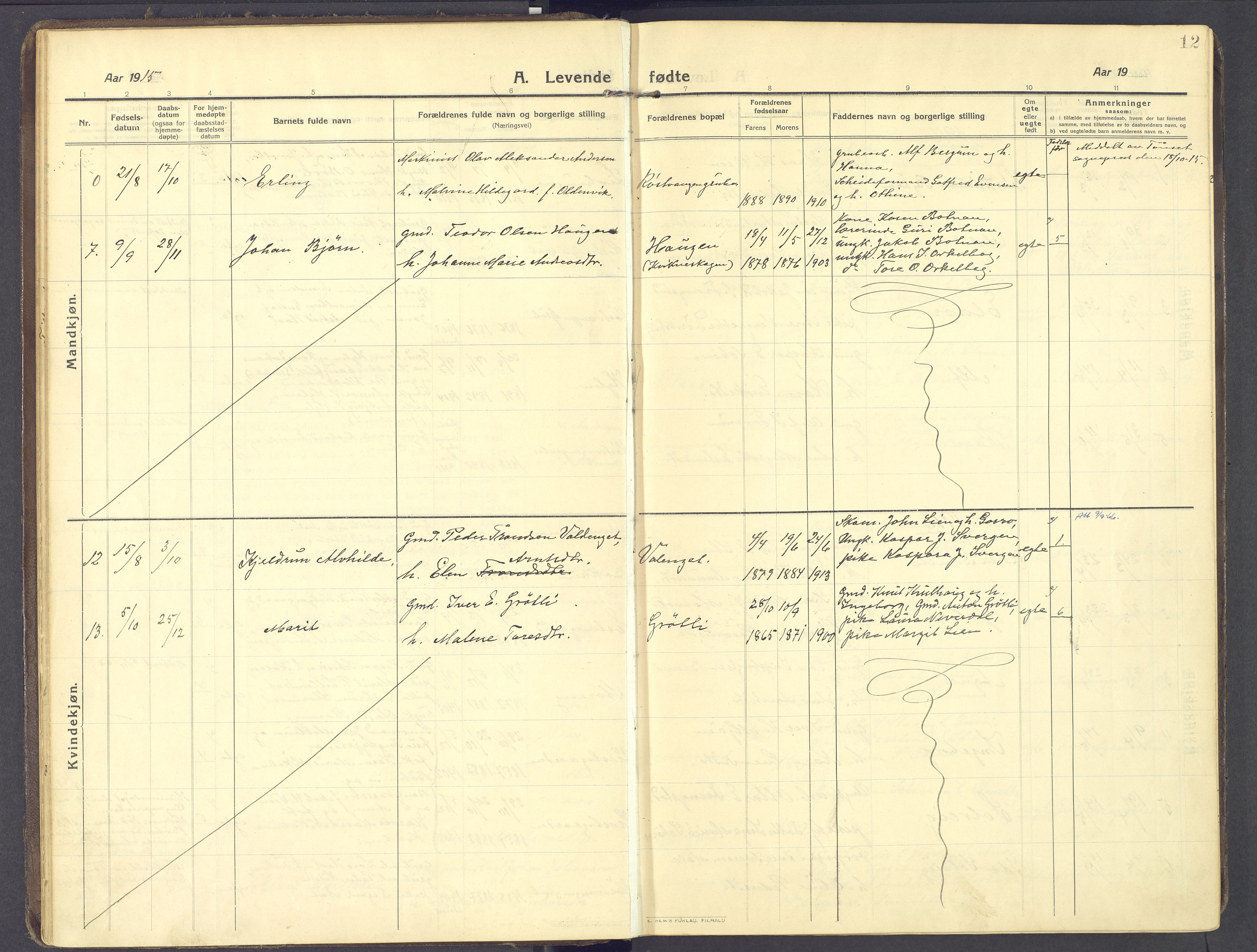 Kvikne prestekontor, SAH/PREST-064/H/Ha/Haa/L0009: Parish register (official) no. 9, 1911-1942, p. 12