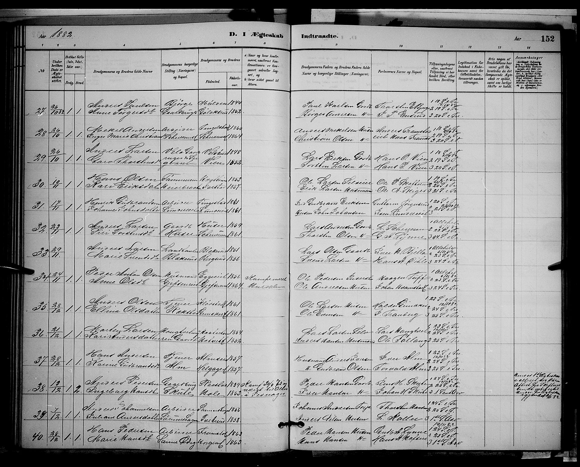 Gran prestekontor, SAH/PREST-112/H/Ha/Hab/L0002: Parish register (copy) no. 2, 1879-1892, p. 152