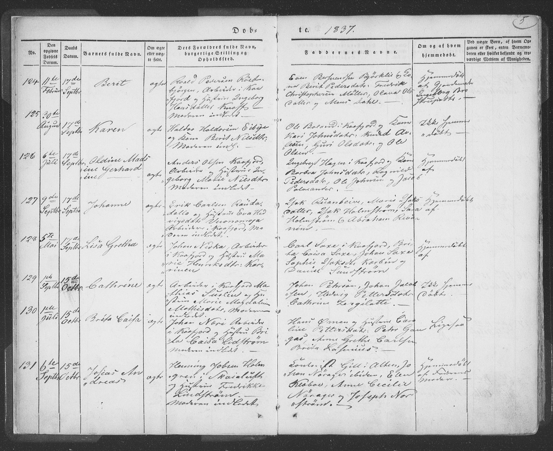 Talvik sokneprestkontor, AV/SATØ-S-1337/H/Ha/L0009kirke: Parish register (official) no. 9, 1837-1852, p. 5