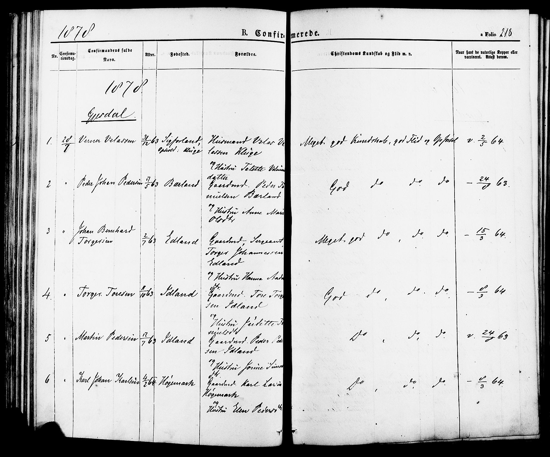 Lye sokneprestkontor, SAST/A-101794/001/30BA/L0008: Parish register (official) no. A 7, 1872-1881, p. 218