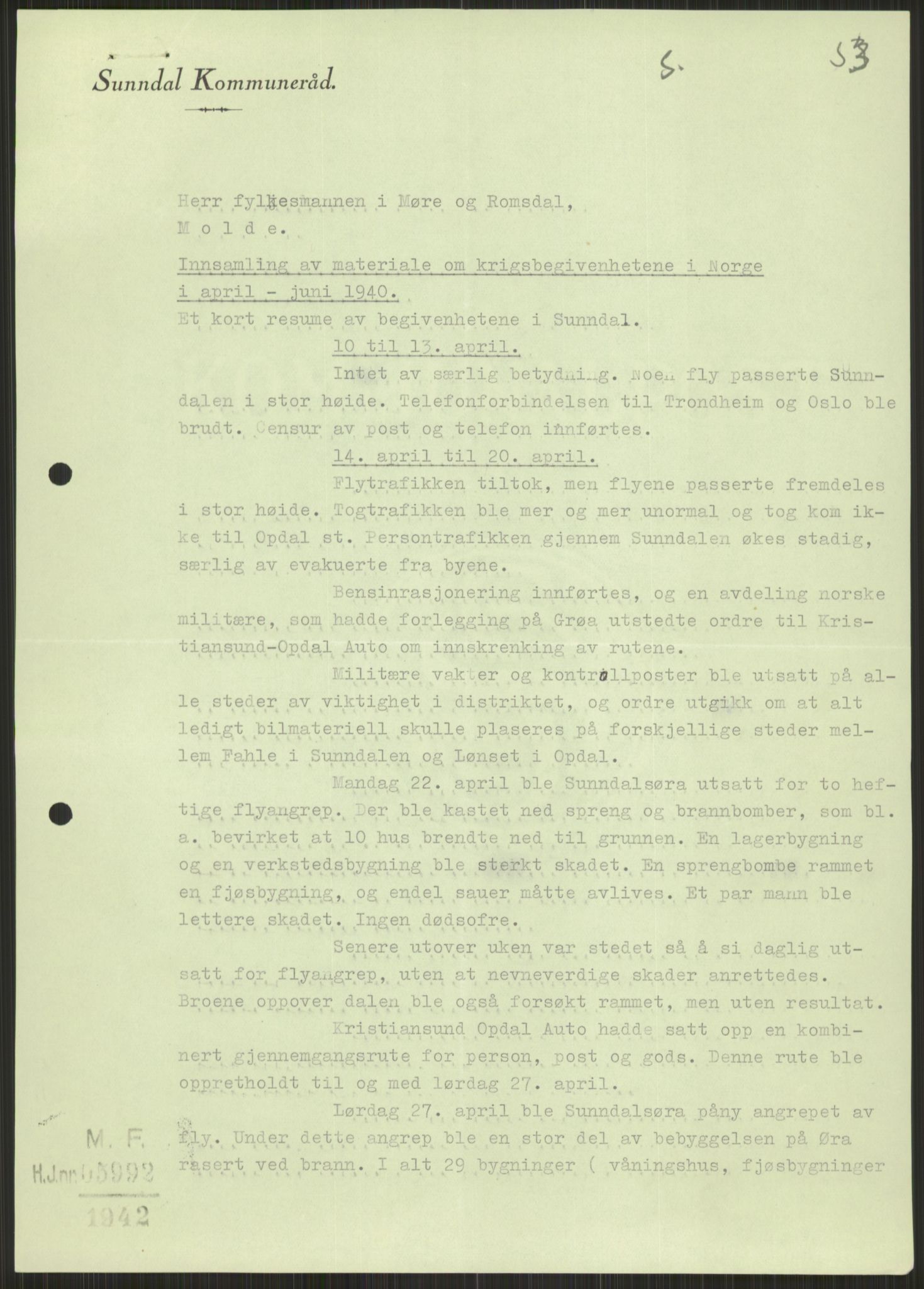 Forsvaret, Forsvarets krigshistoriske avdeling, AV/RA-RAFA-2017/Y/Ya/L0015: II-C-11-31 - Fylkesmenn.  Rapporter om krigsbegivenhetene 1940., 1940, p. 779