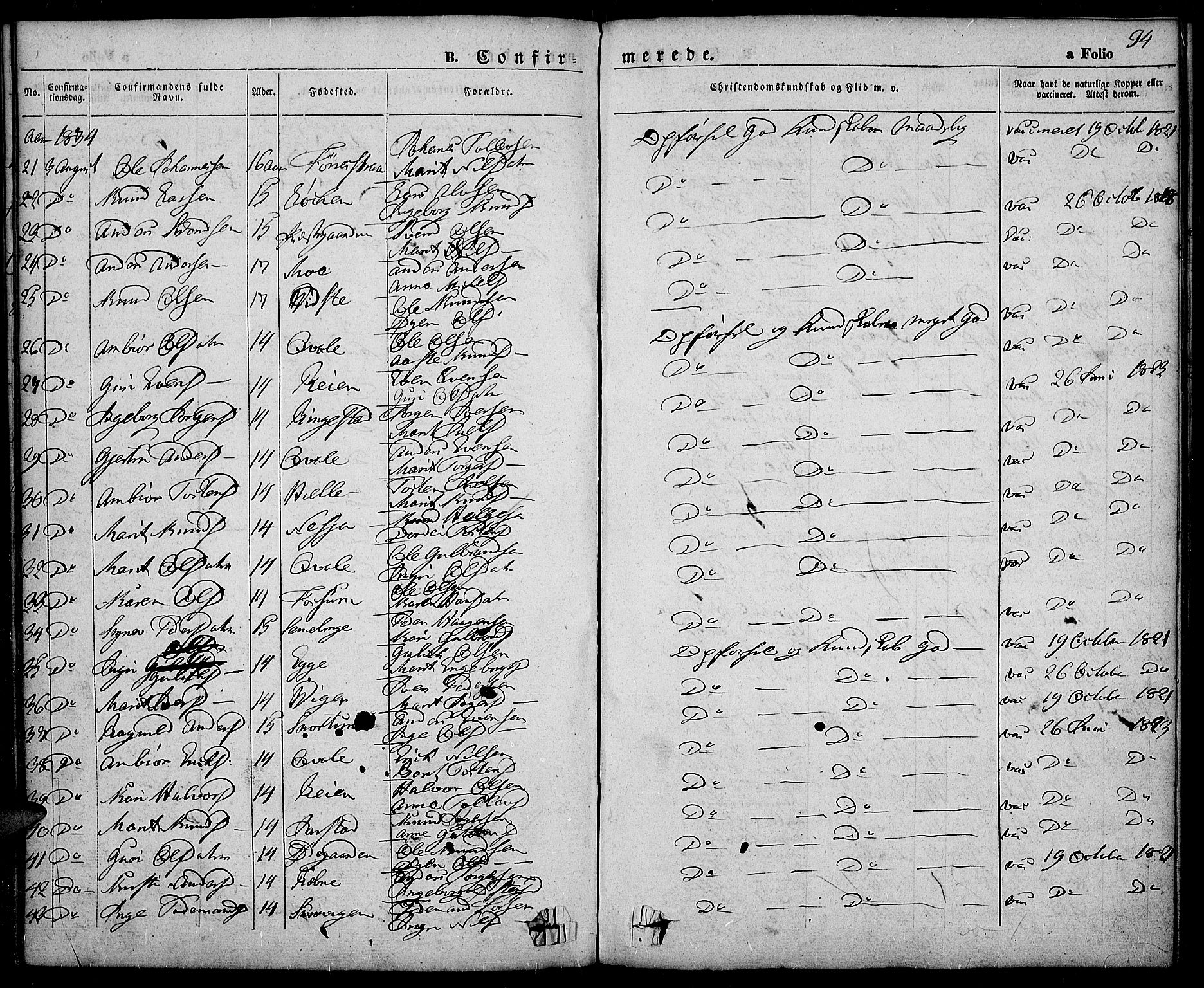 Slidre prestekontor, SAH/PREST-134/H/Ha/Haa/L0003: Parish register (official) no. 3, 1831-1843, p. 94