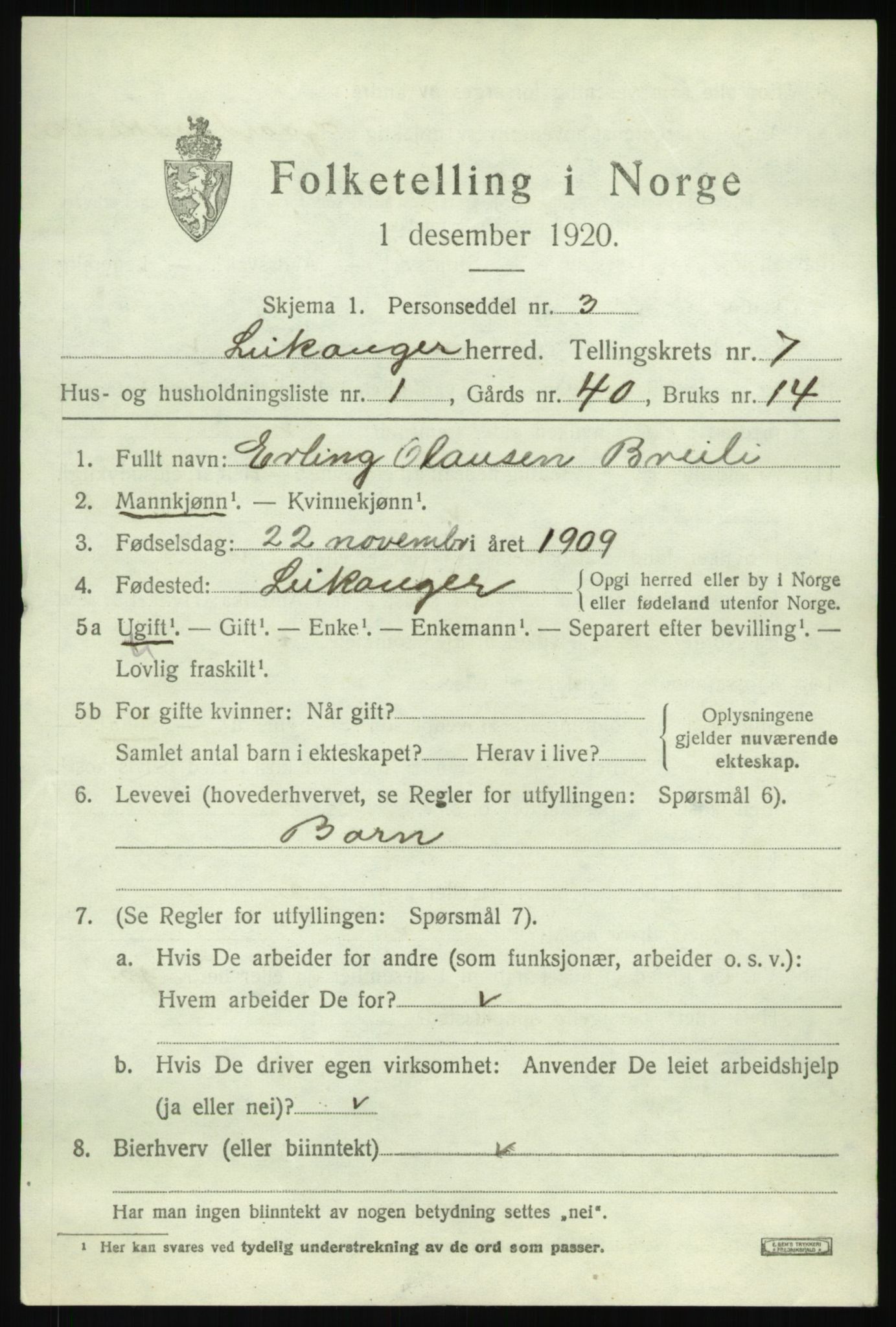 SAB, 1920 census for Leikanger, 1920, p. 4592