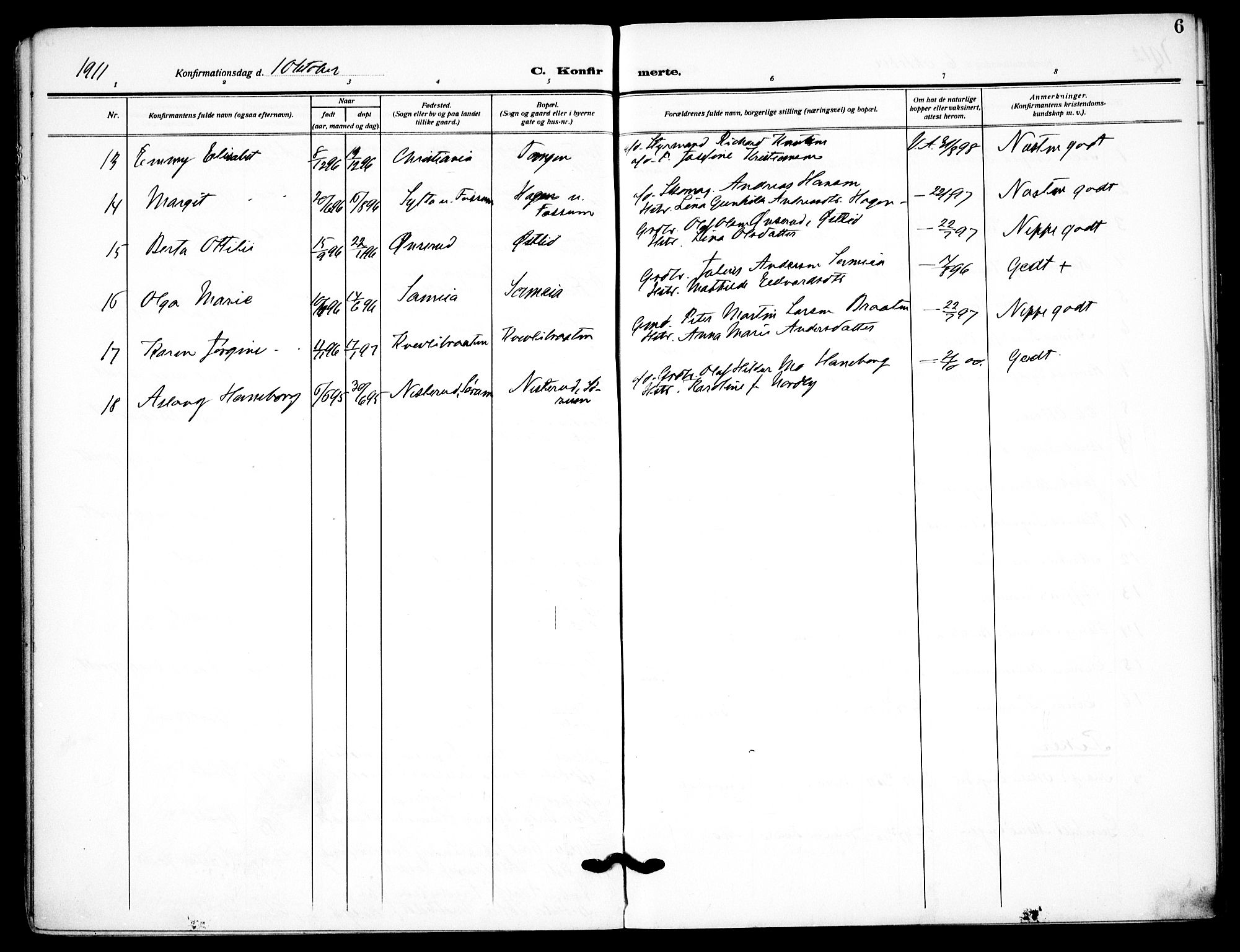 Aurskog prestekontor Kirkebøker, SAO/A-10304a/F/Fb/L0003: Parish register (official) no. II 3, 1909-1919, p. 6