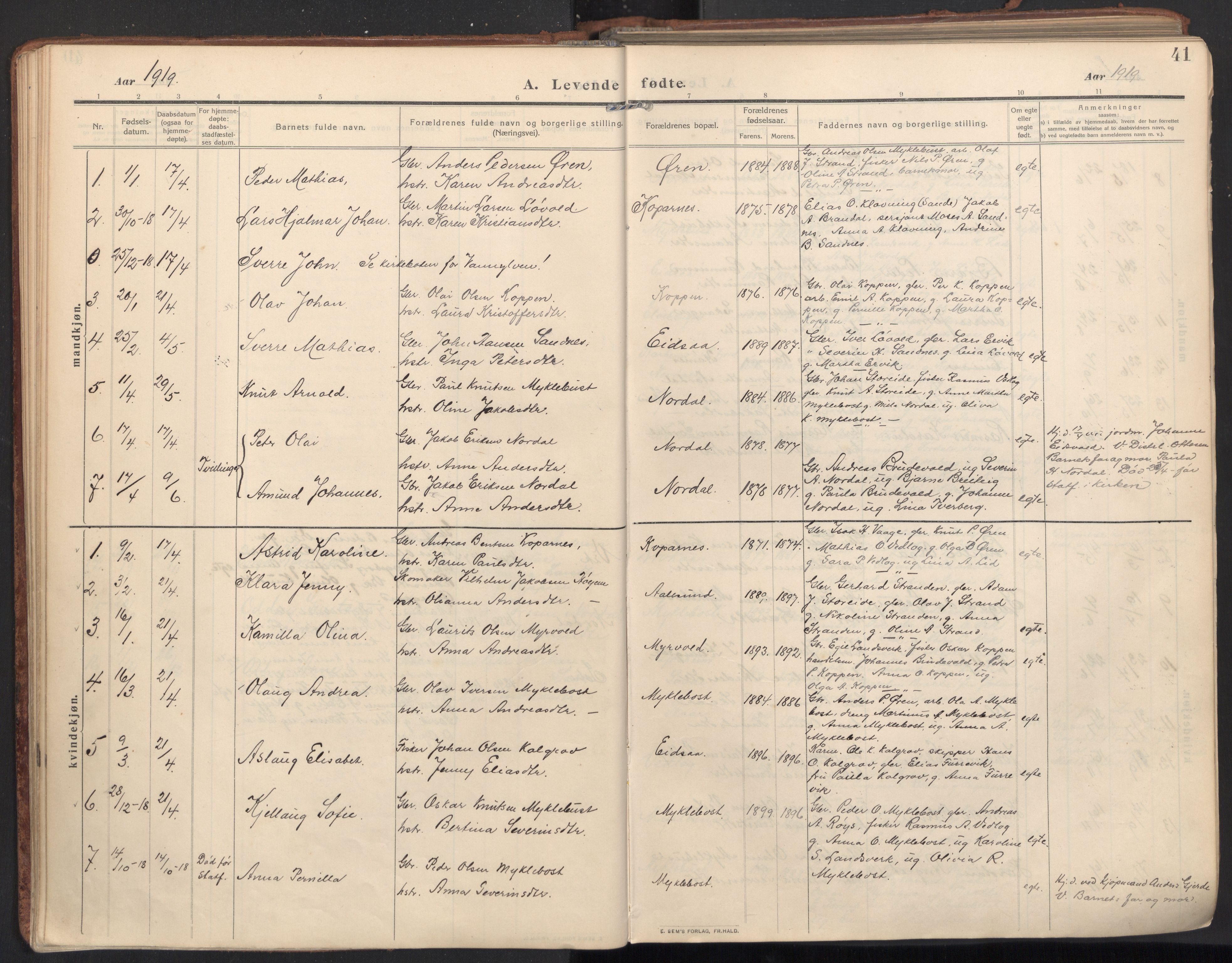 Ministerialprotokoller, klokkerbøker og fødselsregistre - Møre og Romsdal, SAT/A-1454/502/L0026: Parish register (official) no. 502A04, 1909-1933, p. 41