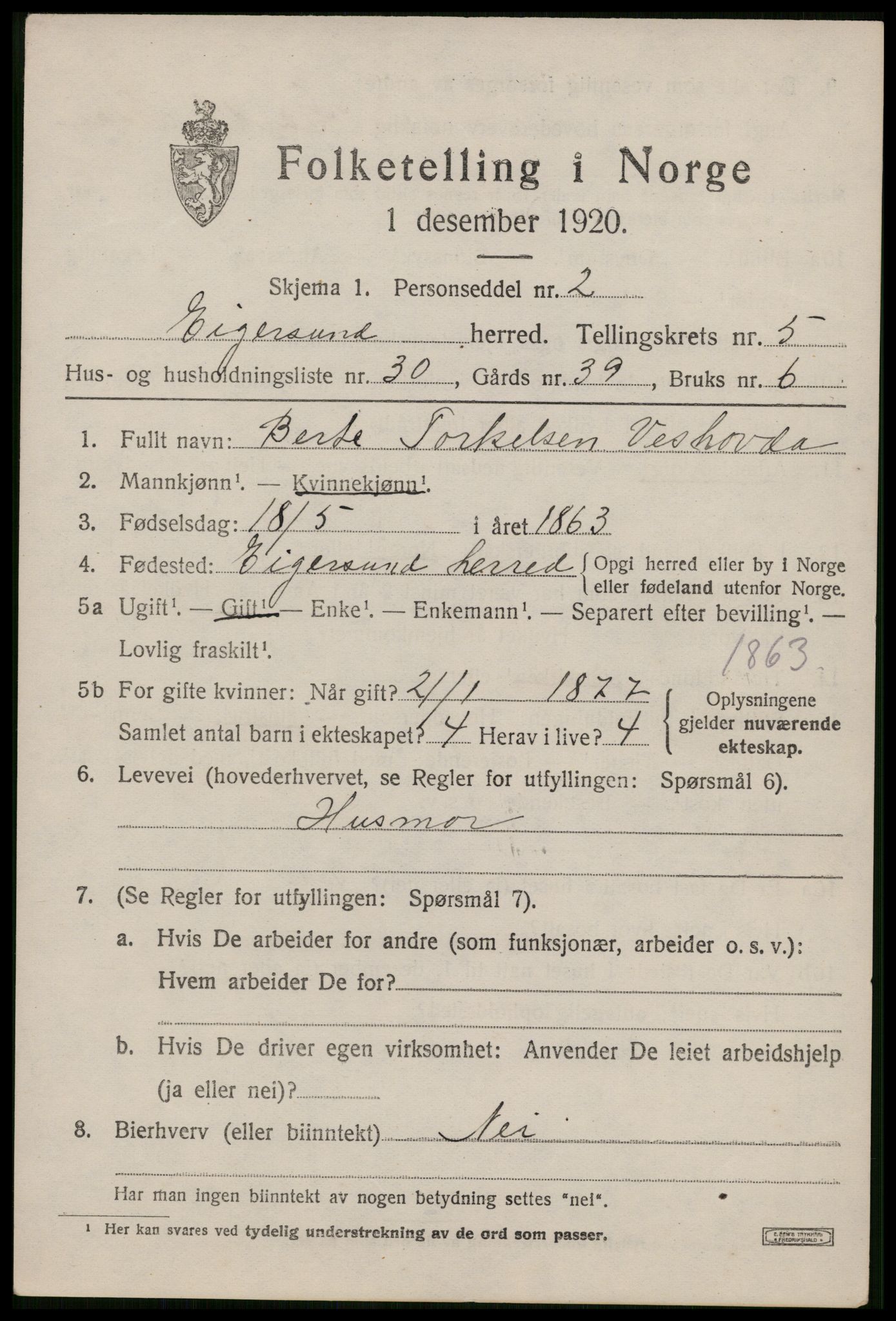 SAST, 1920 census for Eigersund, 1920, p. 3875