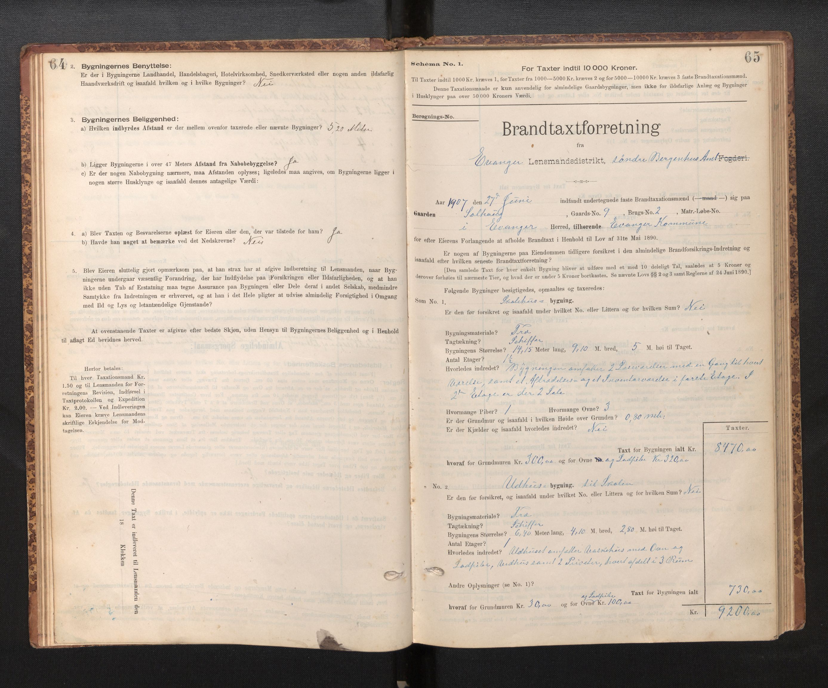 Lensmannen i Evanger, SAB/A-31701/0012/L0005: Branntakstprotokoll, skjematakst, 1895-1935, p. 64-65