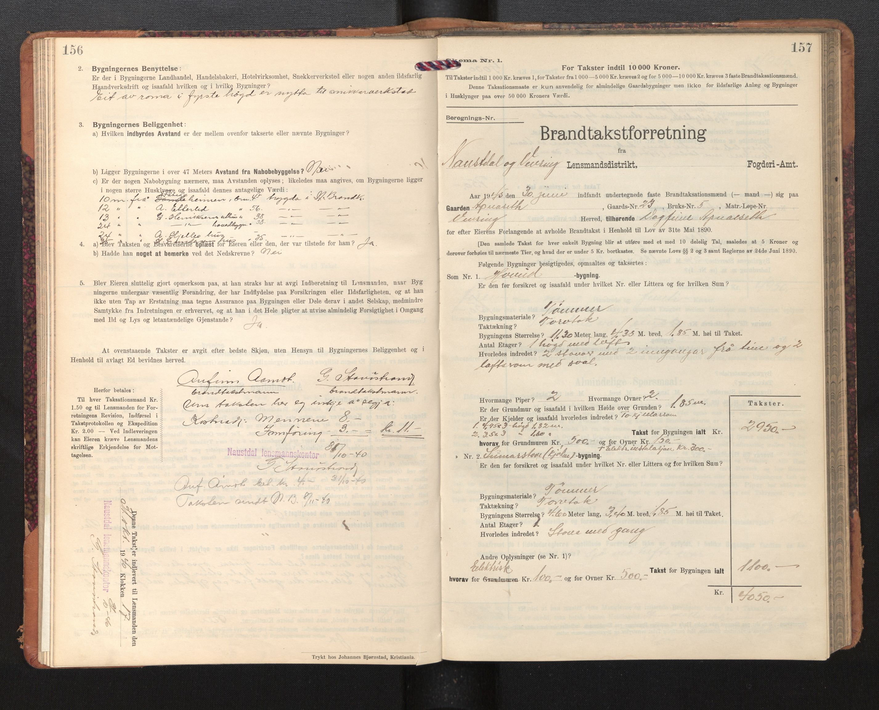 Lensmannen i Naustdal, SAB/A-29501/0012/L0002: Branntakstprotokoll, skjematakst, 1911-1953, p. 156-157