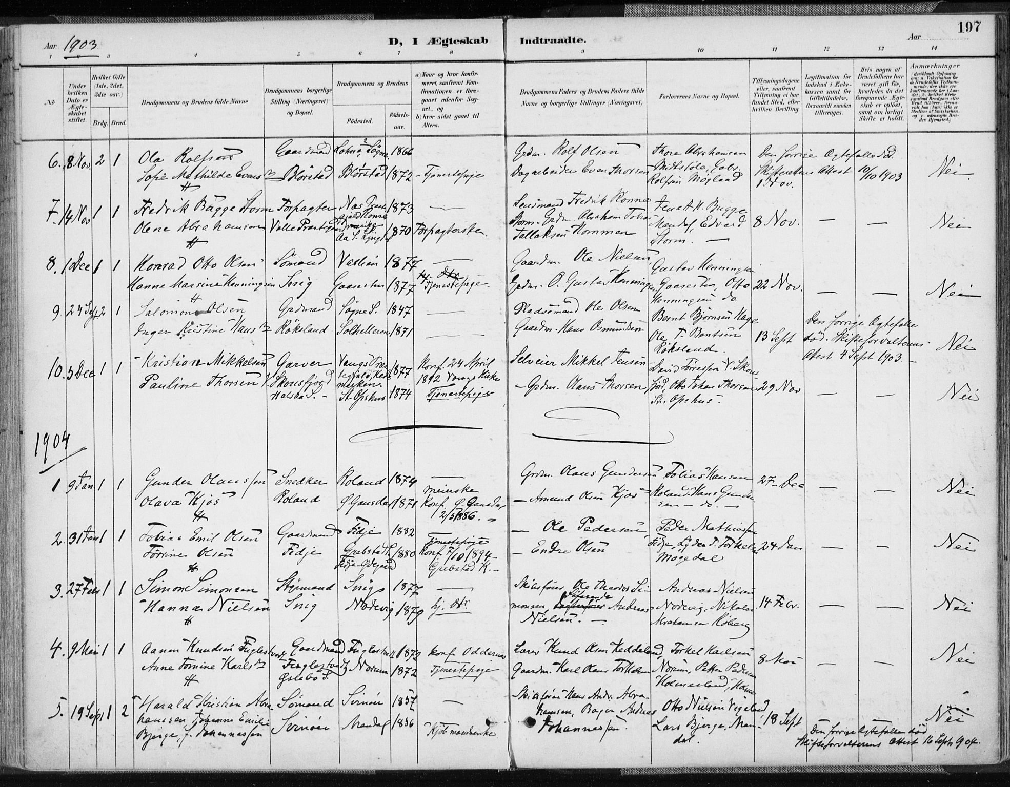 Sør-Audnedal sokneprestkontor, AV/SAK-1111-0039/F/Fa/Fab/L0010: Parish register (official) no. A 10, 1892-1913, p. 197