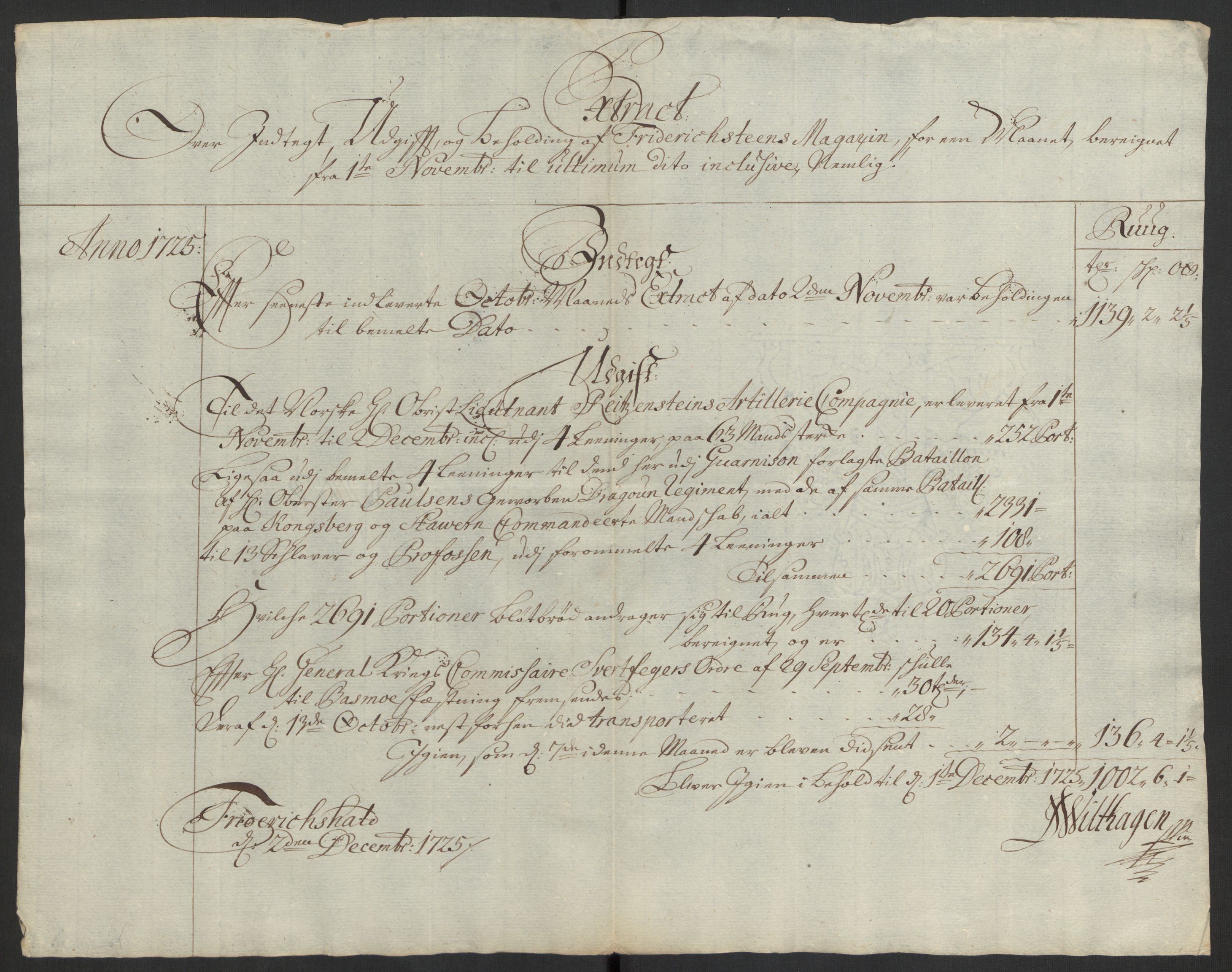 Kommanderende general (KG I) med Det norske krigsdirektorium, AV/RA-EA-5419/D/L0153: Fredriksten festning: Brev, inventarfortegnelser og regnskapsekstrakter, 1724-1729, p. 316