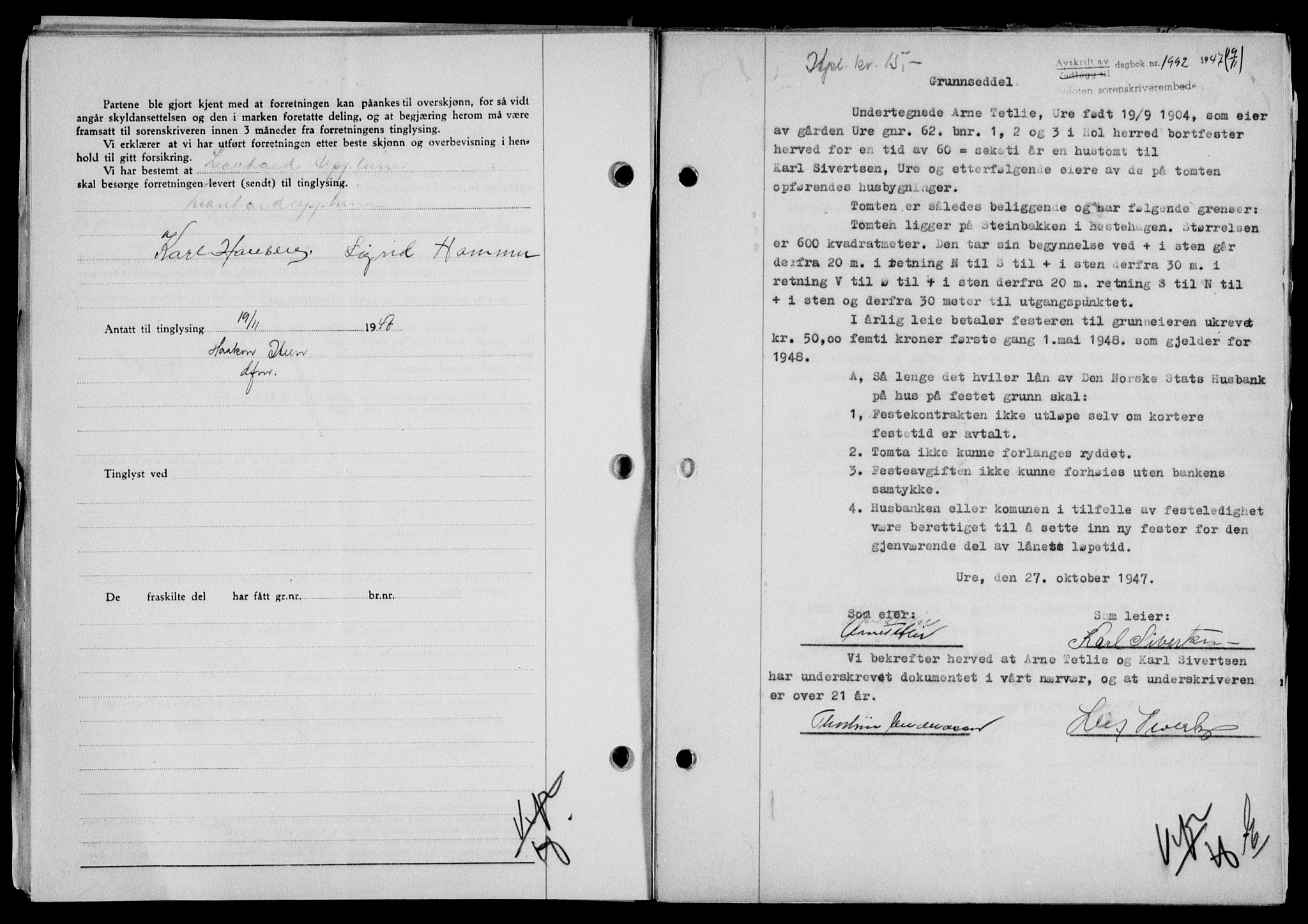Lofoten sorenskriveri, SAT/A-0017/1/2/2C/L0017a: Mortgage book no. 17a, 1947-1948, Diary no: : 1992/1947