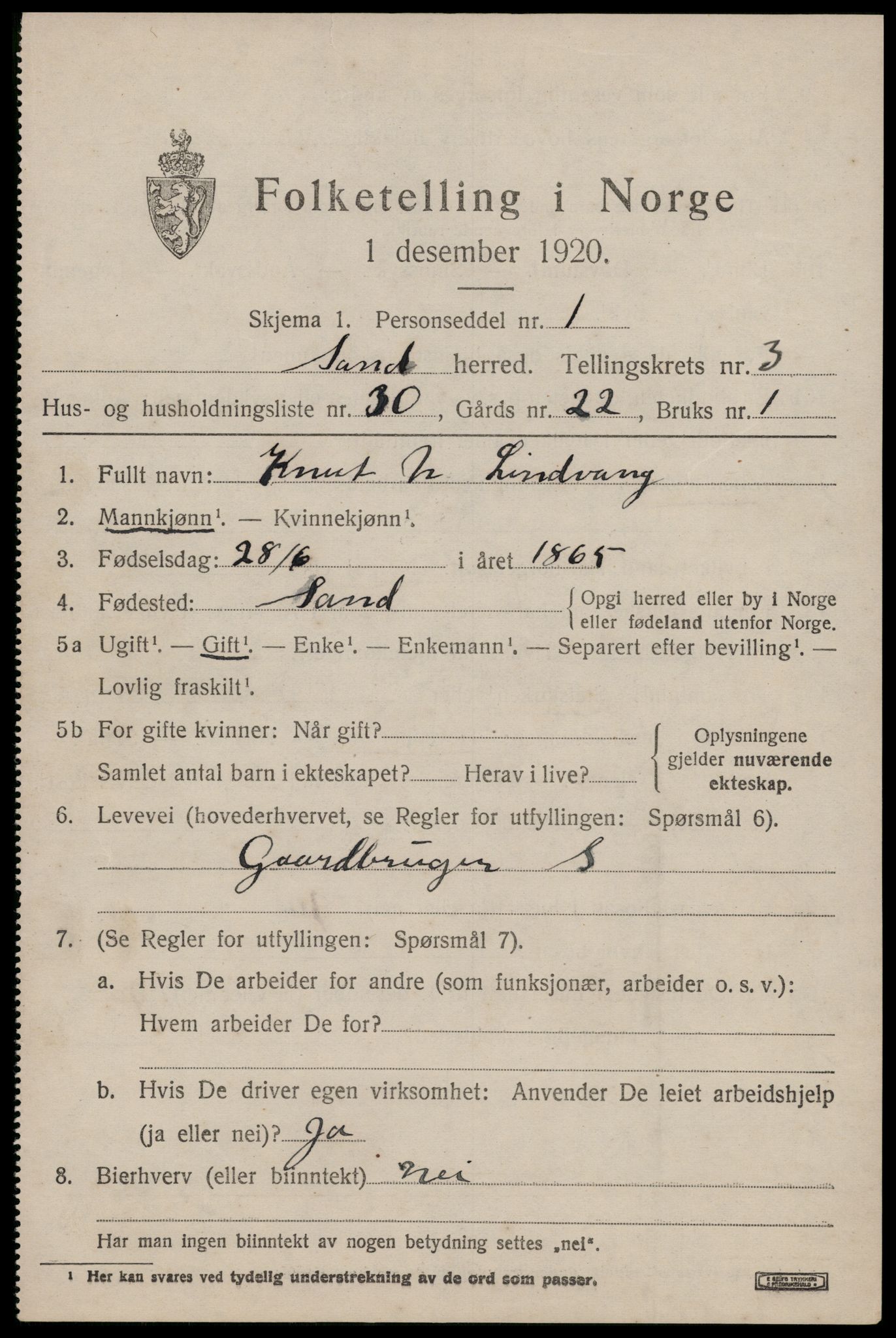 SAST, 1920 census for Sand, 1920, p. 1375