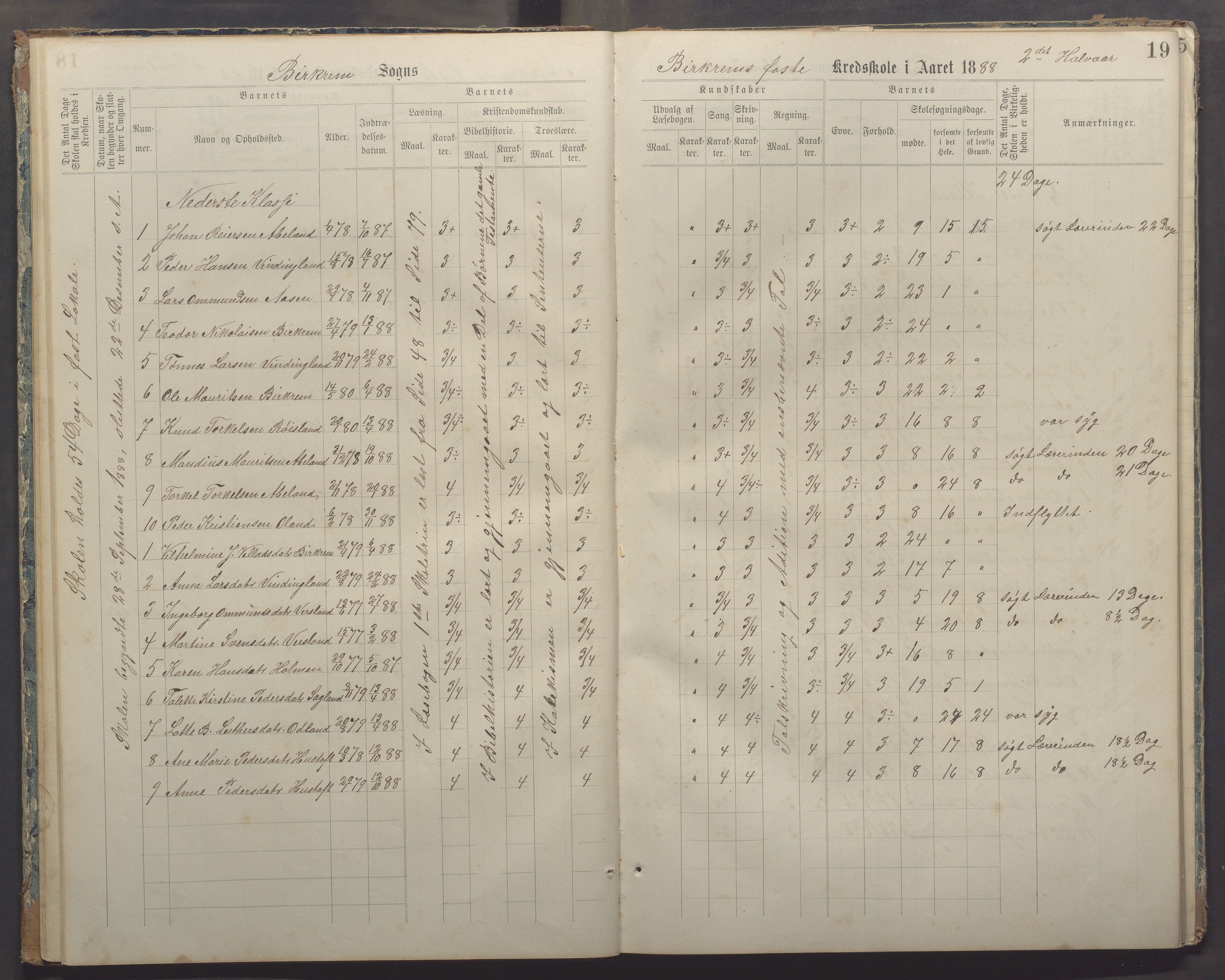 Bjerkreim kommune - Bjerkreim skule, IKAR/K-101541/H/L0002: Skuleprotokoll, 1886-1895, p. 18b-19a