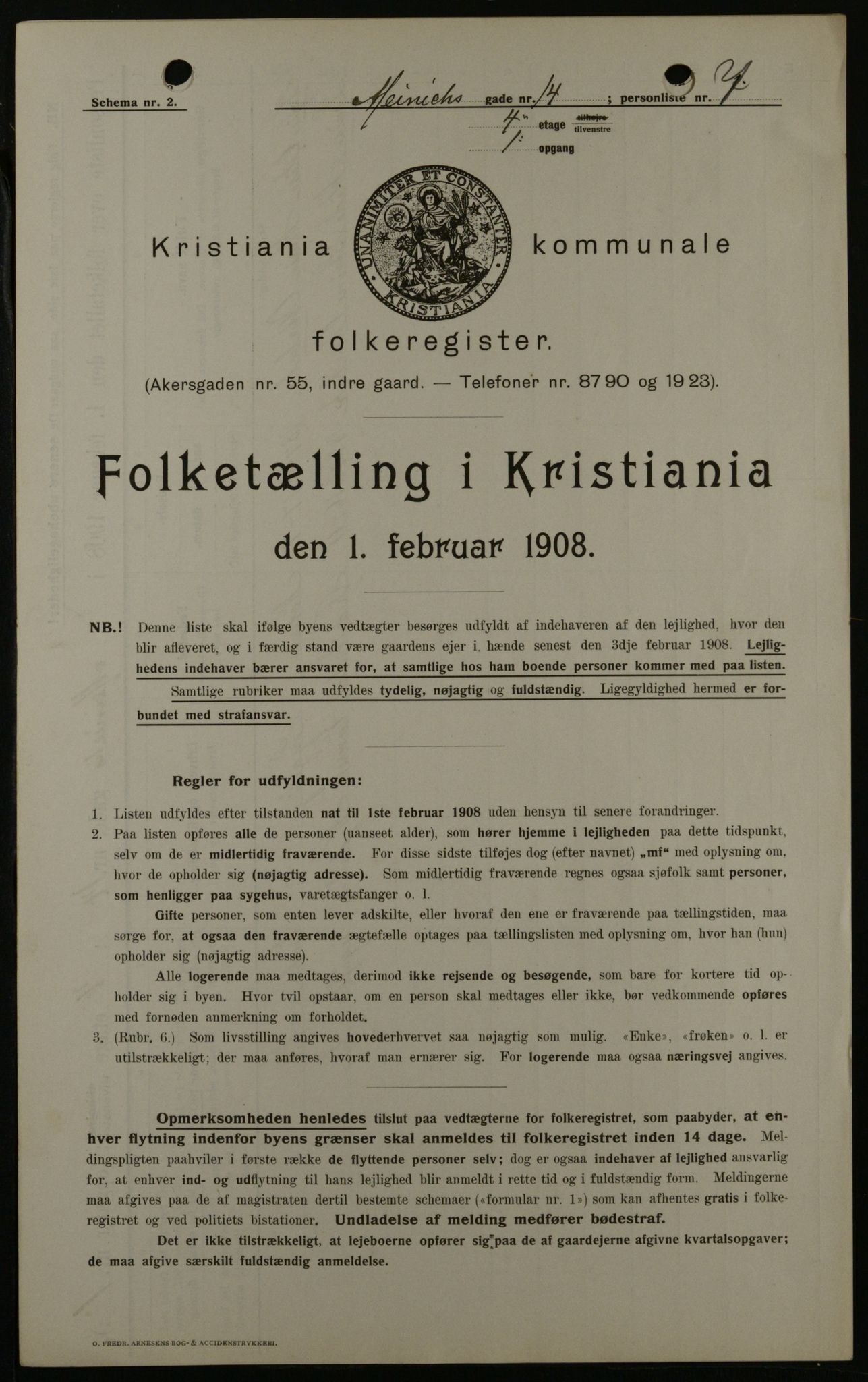 OBA, Municipal Census 1908 for Kristiania, 1908, p. 1445