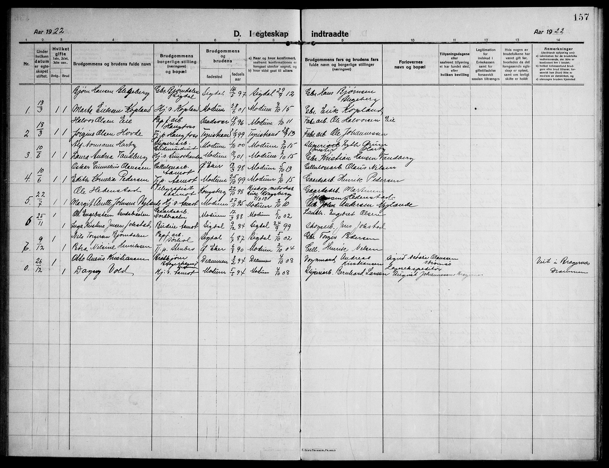 Modum kirkebøker, SAKO/A-234/F/Fa/L0018: Parish register (official) no. 18, 1912-1924, p. 157