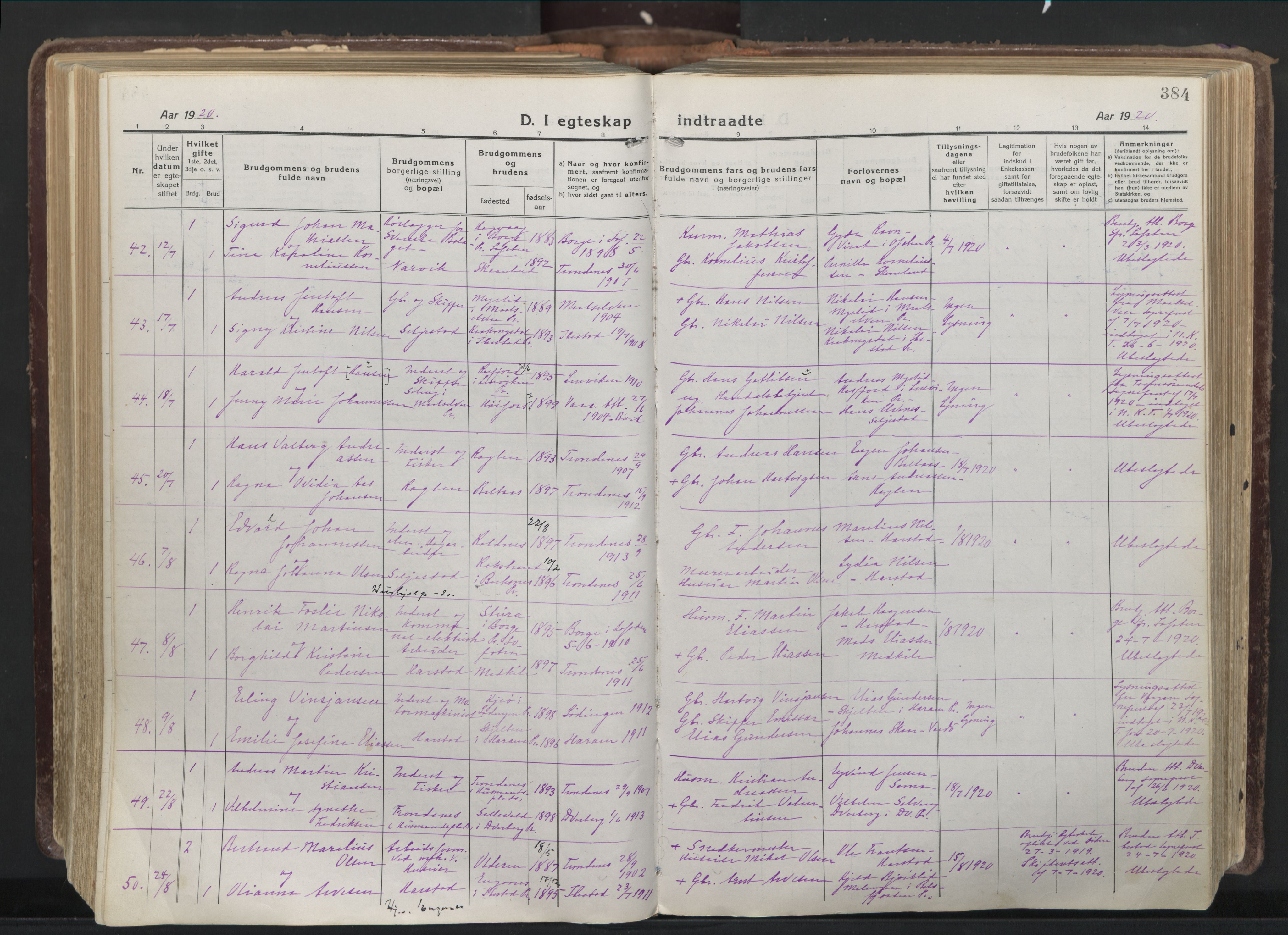 Trondenes sokneprestkontor, AV/SATØ-S-1319/H/Ha/L0019kirke: Parish register (official) no. 19, 1919-1928, p. 384