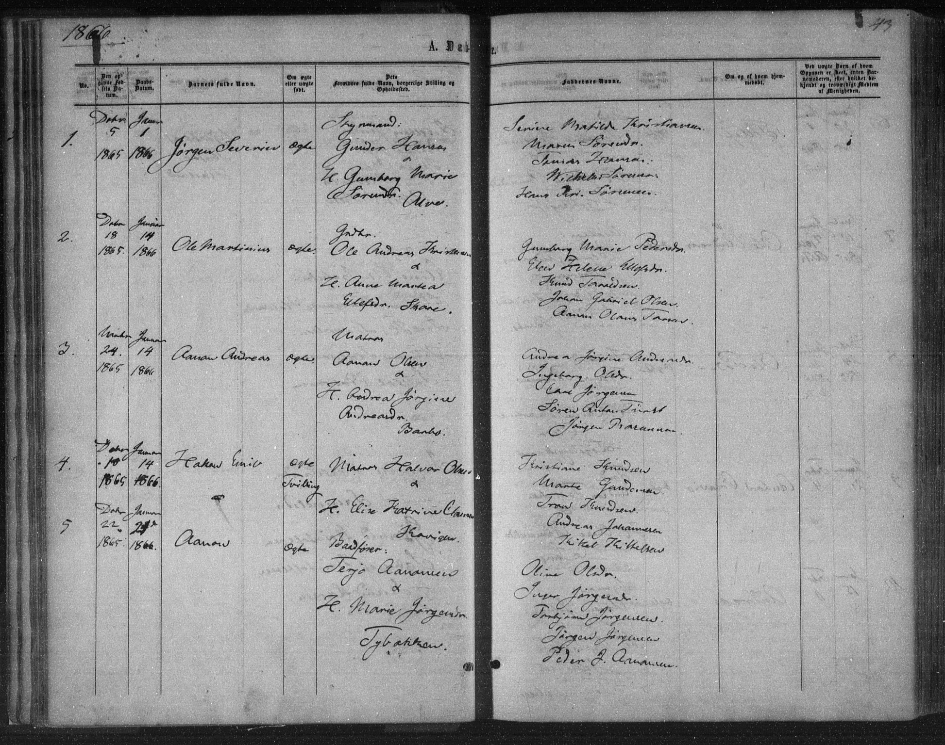 Tromøy sokneprestkontor, SAK/1111-0041/F/Fa/L0007: Parish register (official) no. A 7, 1864-1869, p. 43