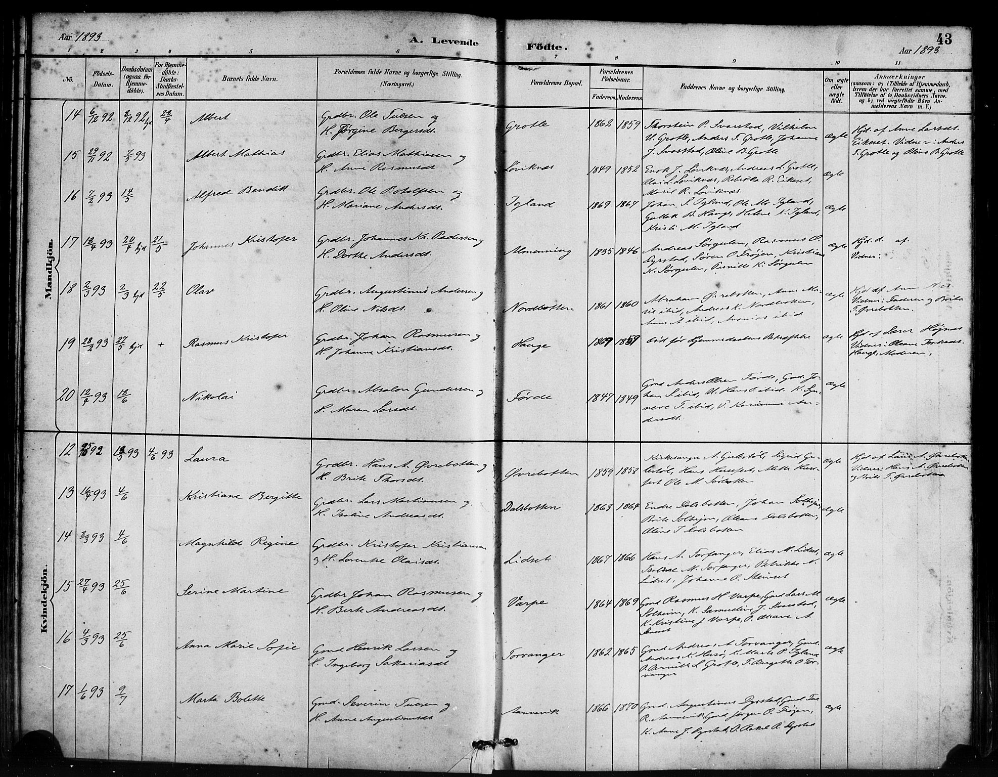 Bremanger sokneprestembete, AV/SAB-A-82201/H/Haa/Haab/L0001: Parish register (official) no. B 1, 1884-1895, p. 43