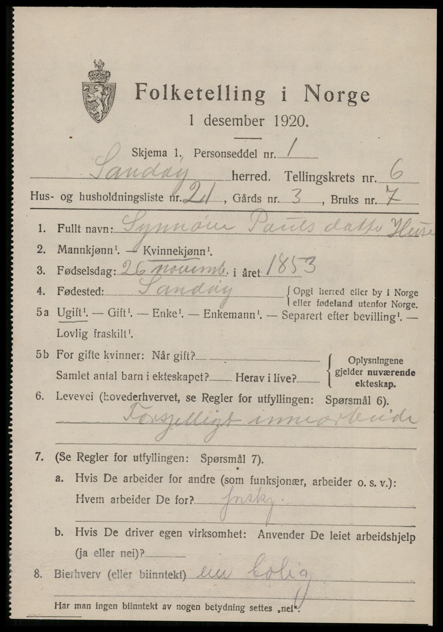 SAT, 1920 census for Sandøy, 1920, p. 2304