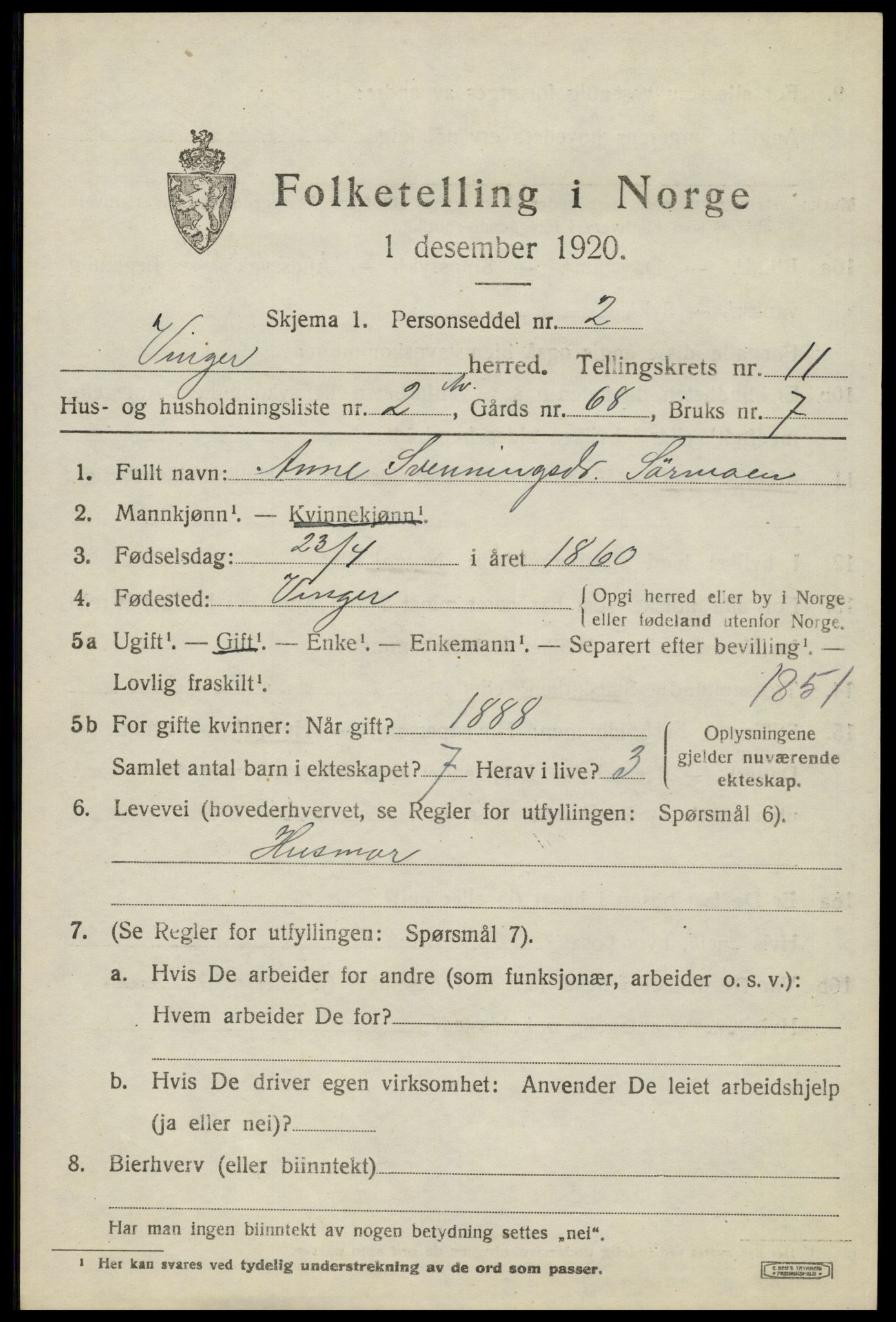 SAH, 1920 census for Vinger, 1920, p. 8932