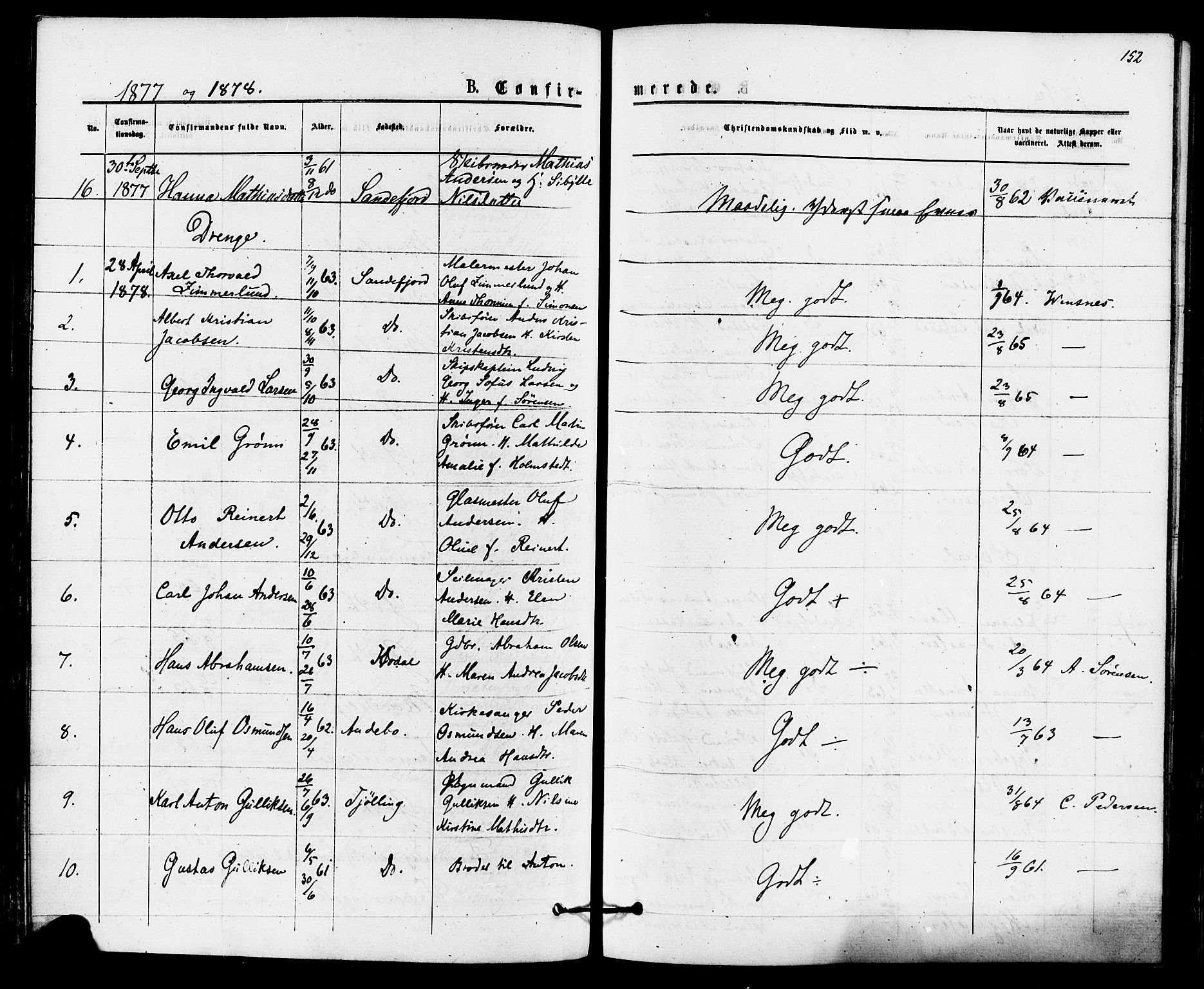 Sandefjord kirkebøker, SAKO/A-315/F/Fa/L0001: Parish register (official) no. 1, 1873-1879, p. 152