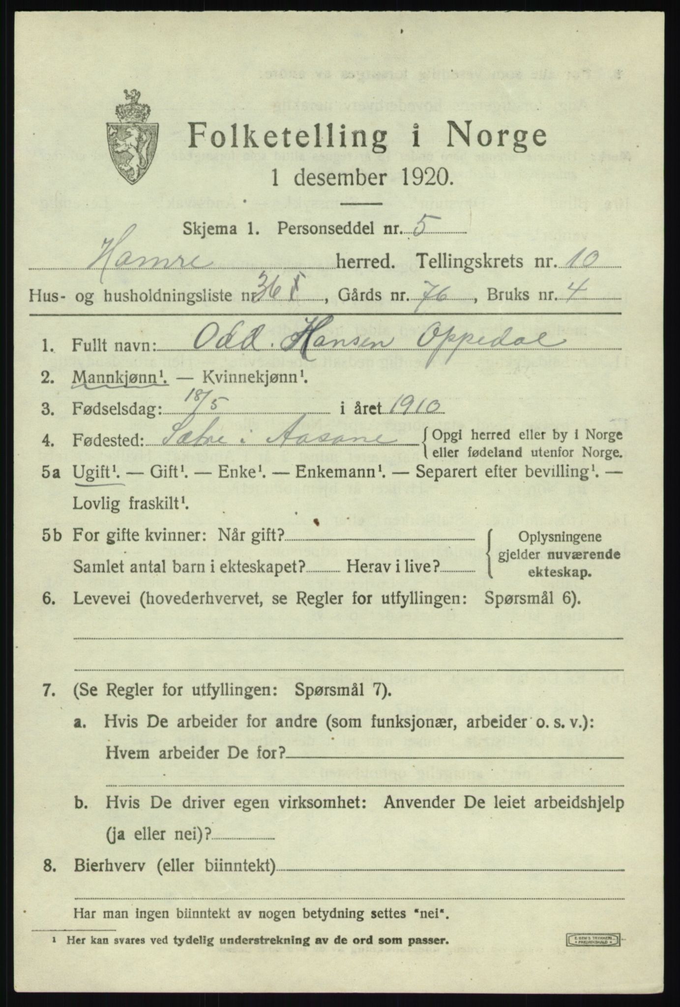 SAB, 1920 census for Hamre, 1920, p. 6253