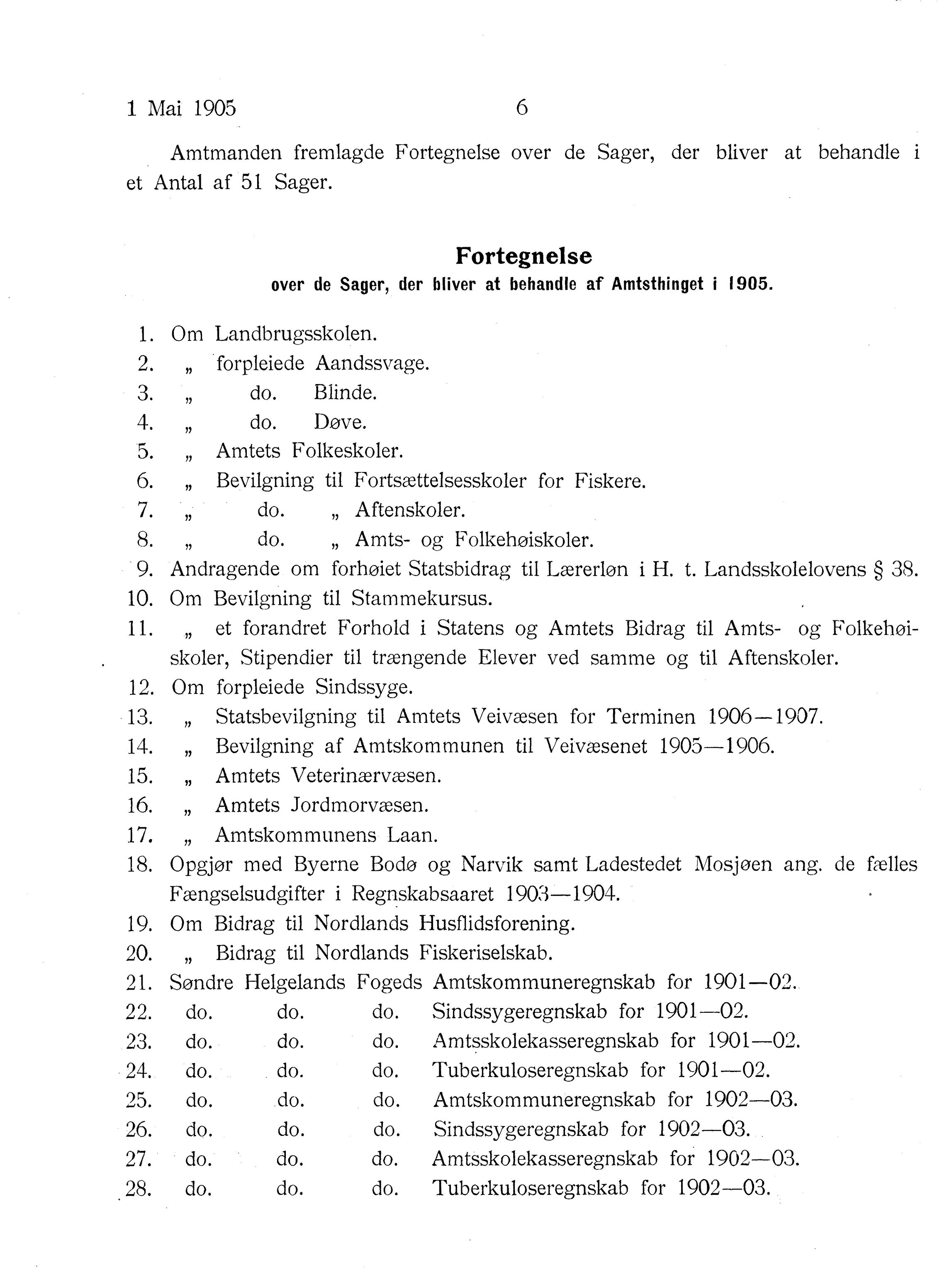 Nordland Fylkeskommune. Fylkestinget, AIN/NFK-17/176/A/Ac/L0028: Fylkestingsforhandlinger 1905, 1905