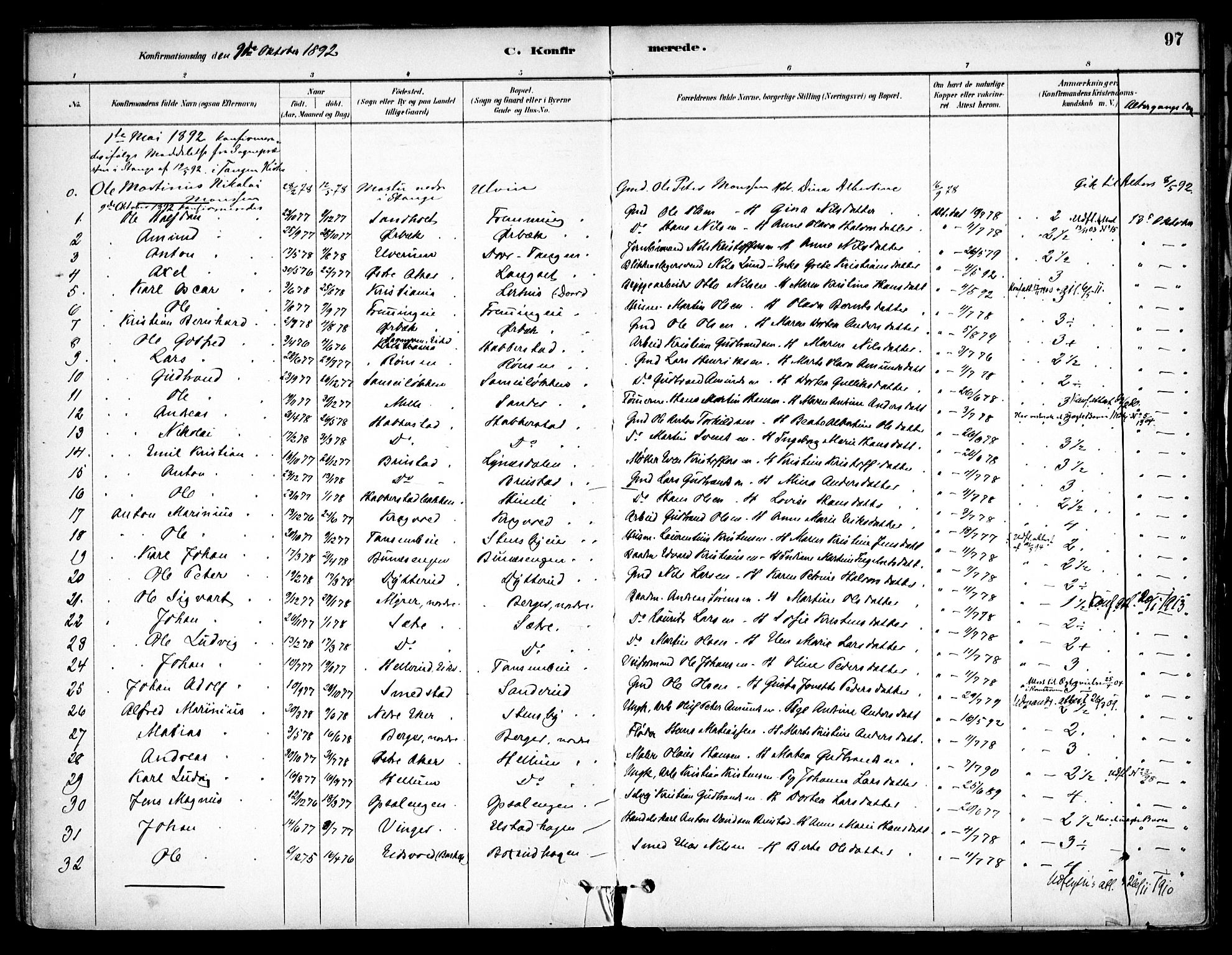 Eidsvoll prestekontor Kirkebøker, AV/SAO-A-10888/F/Fb/L0001: Parish register (official) no. II 1, 1882-1897, p. 97