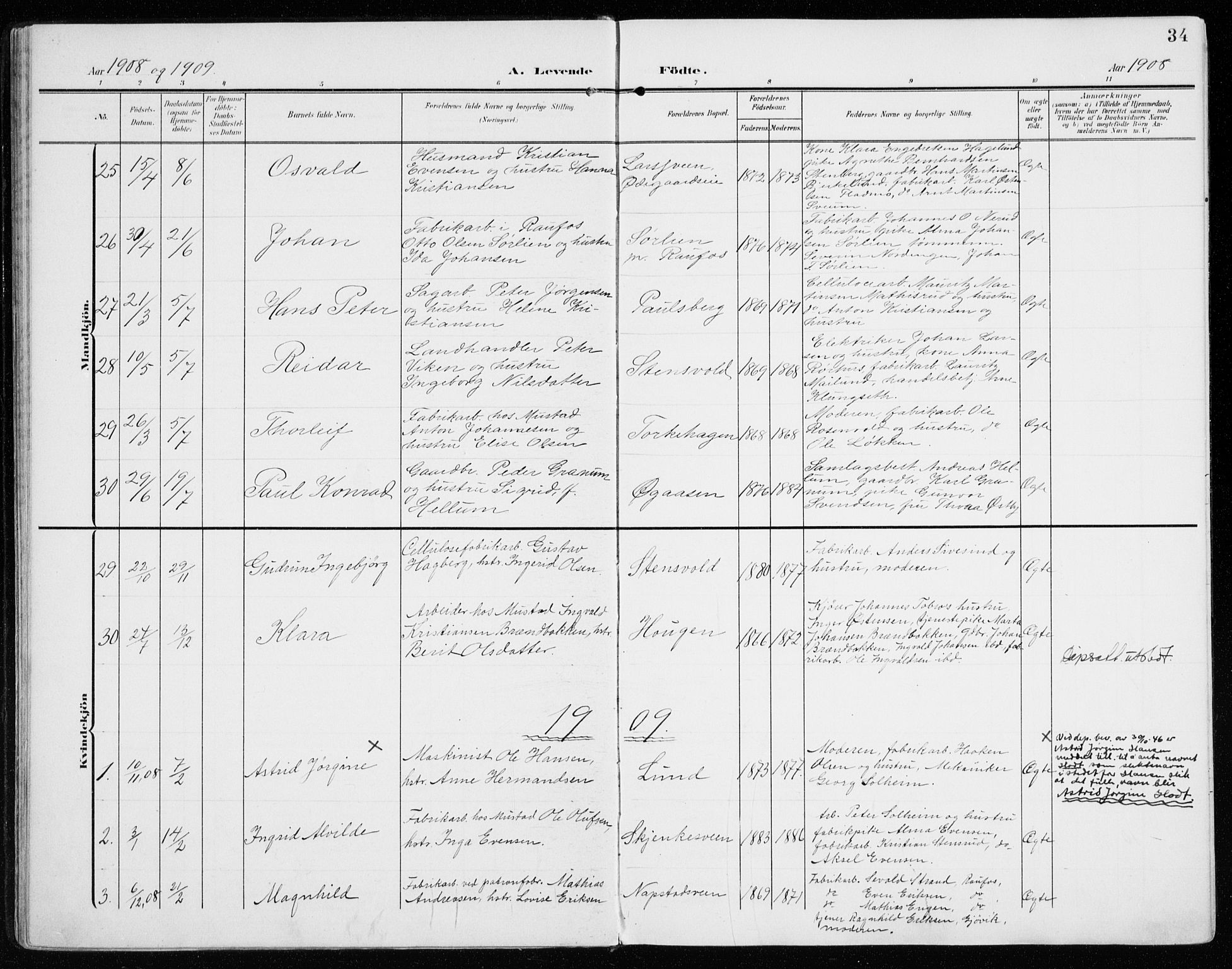 Vardal prestekontor, SAH/PREST-100/H/Ha/Haa/L0016: Parish register (official) no. 16, 1904-1916, p. 34