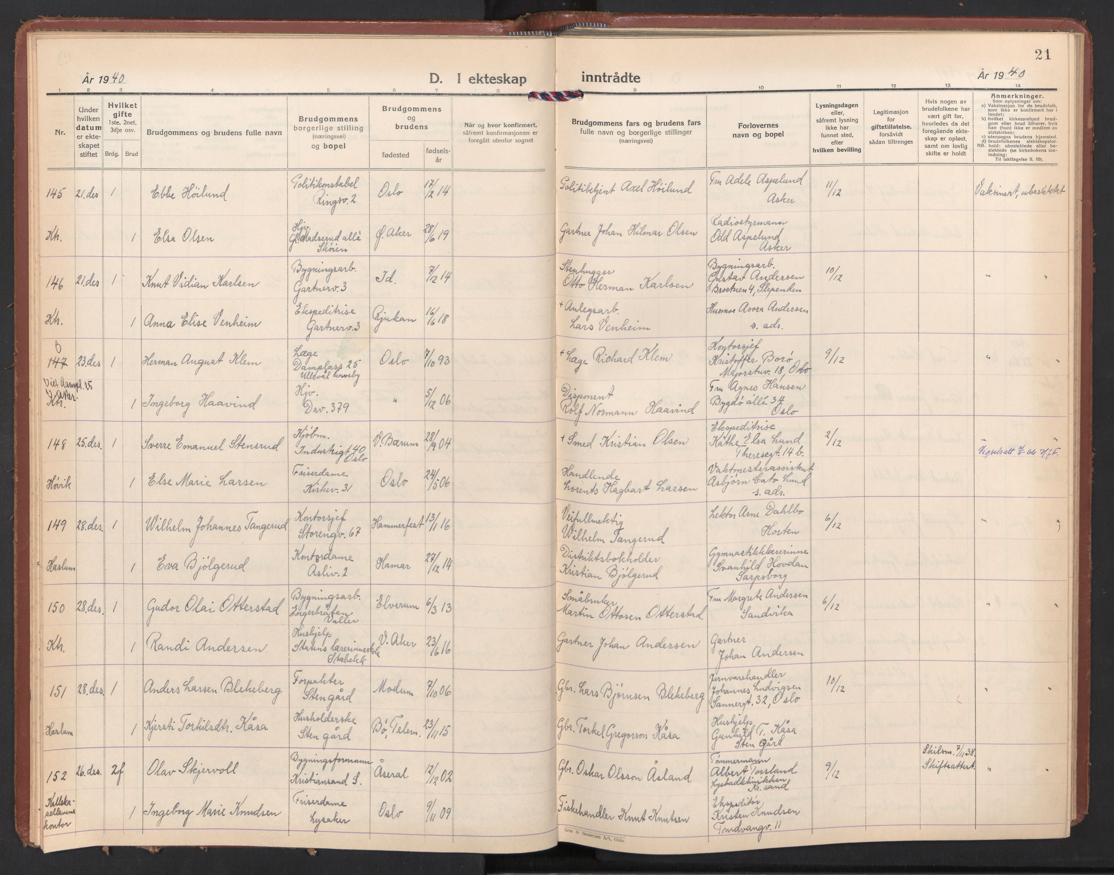 Østre Bærum prestekontor Kirkebøker, AV/SAO-A-10887/F/Fa/L0008: Parish register (official) no. 8, 1940-1948, p. 21