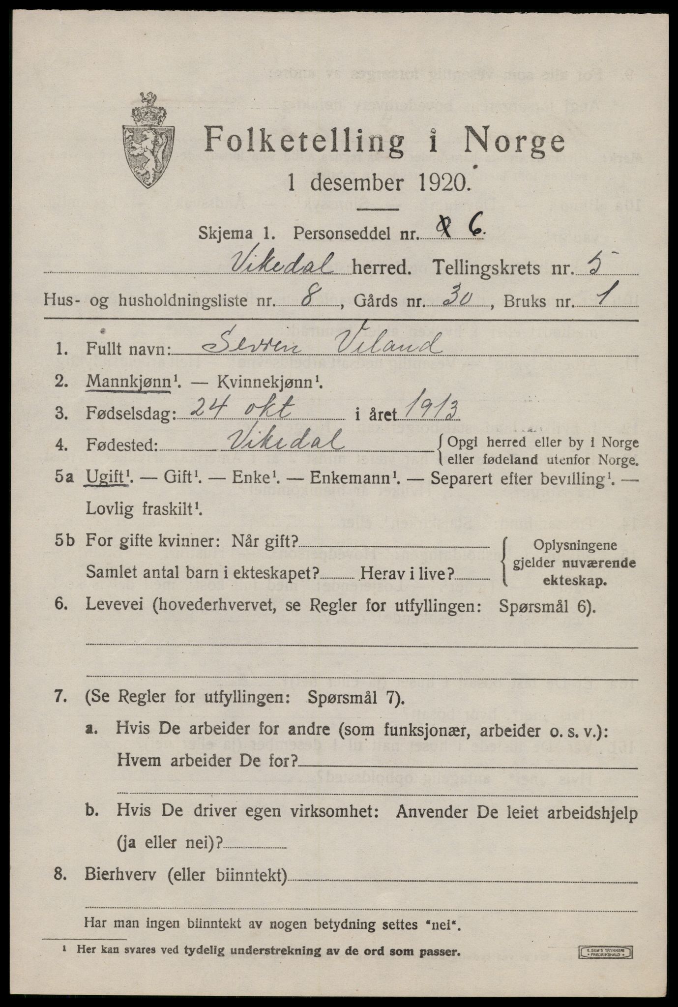 SAST, 1920 census for Vikedal, 1920, p. 2537