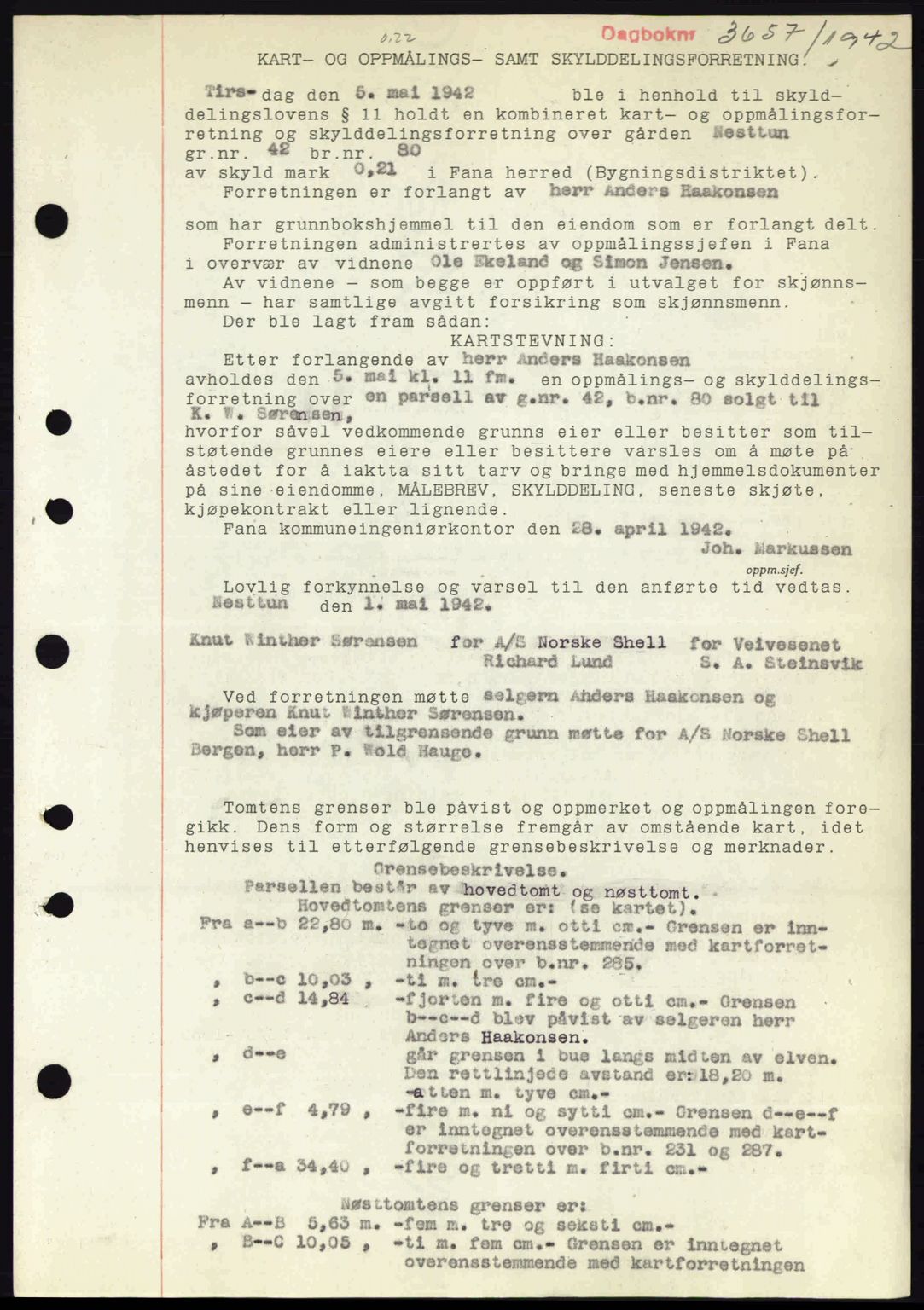 Midhordland sorenskriveri, SAB/A-3001/1/G/Gb/Gbj/L0014: Mortgage book no. A26-28, 1942-1942, Diary no: : 3657/1942