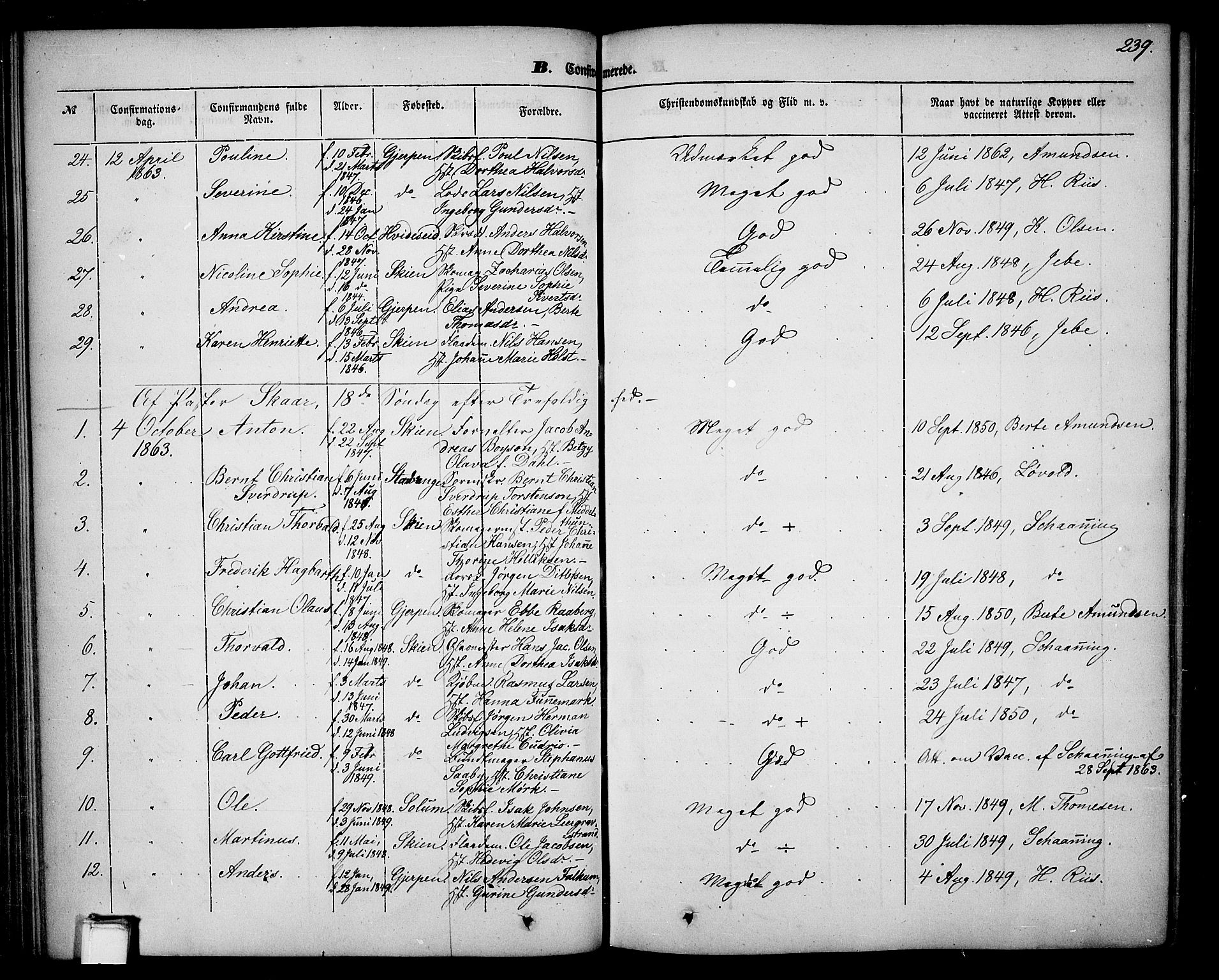 Skien kirkebøker, AV/SAKO-A-302/G/Ga/L0004: Parish register (copy) no. 4, 1843-1867, p. 239