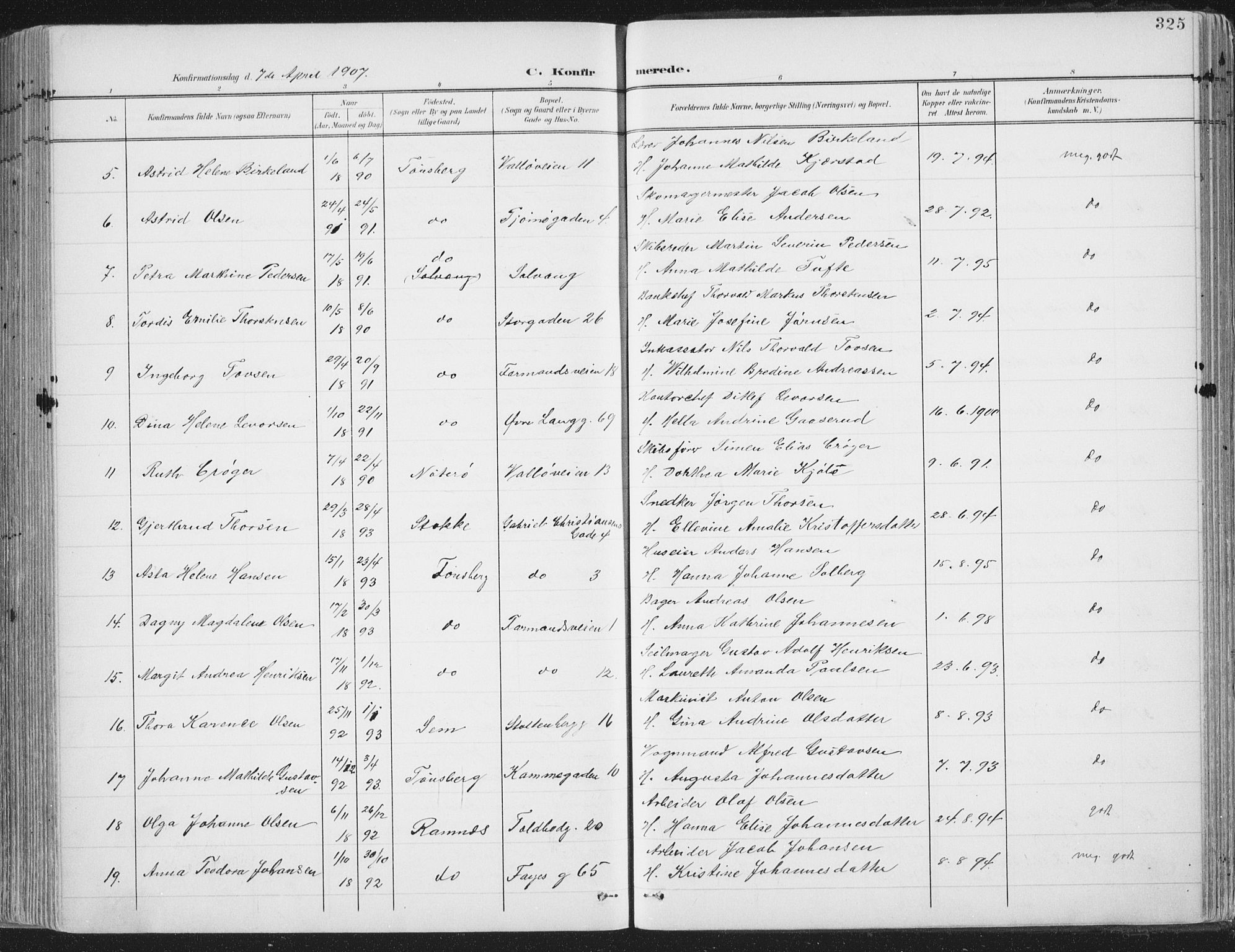 Tønsberg kirkebøker, SAKO/A-330/F/Fa/L0014: Parish register (official) no. I 14, 1900-1913, p. 325