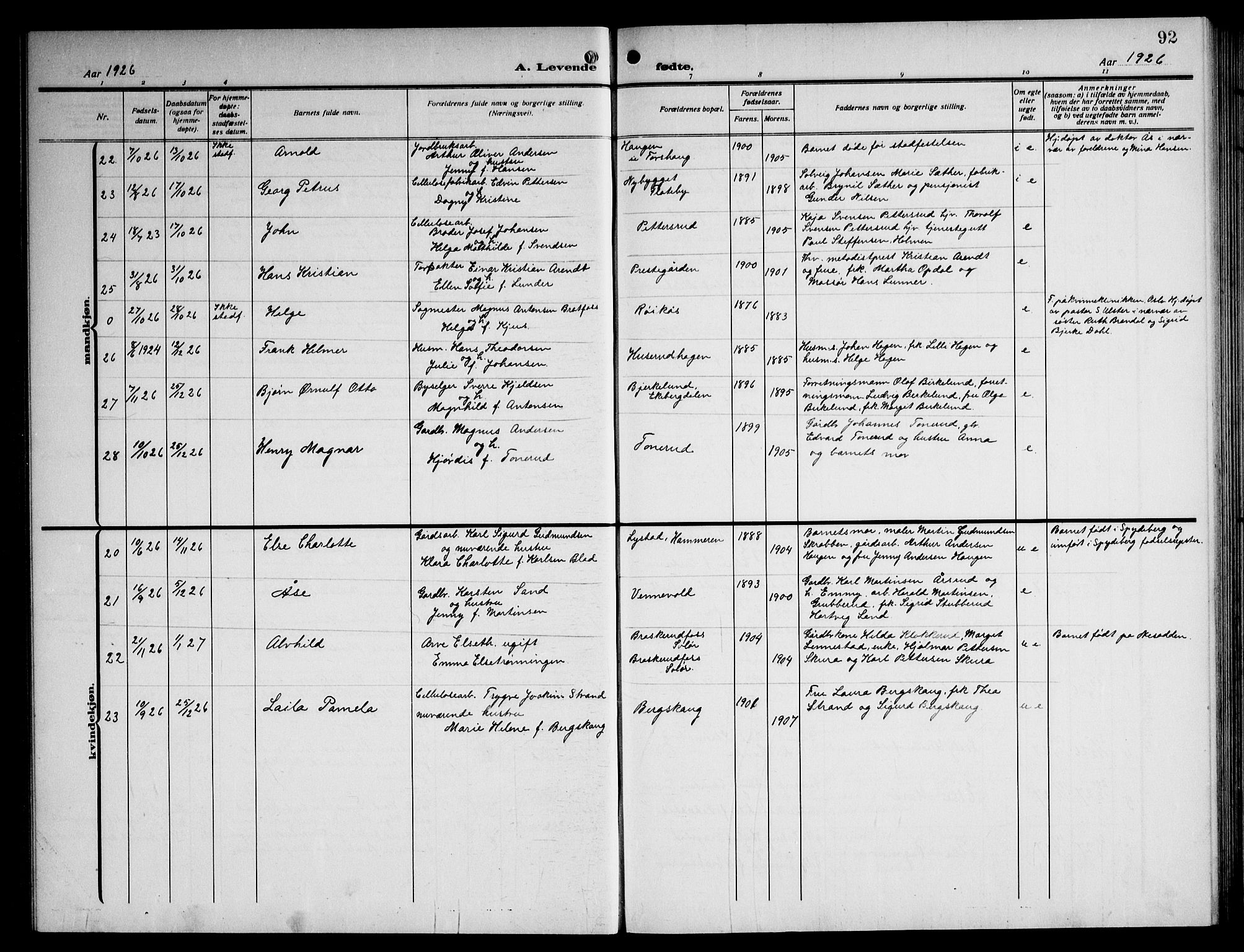 Enebakk prestekontor Kirkebøker, SAO/A-10171c/G/Ga/L0007: Parish register (copy) no. I 7, 1911-1949, p. 92