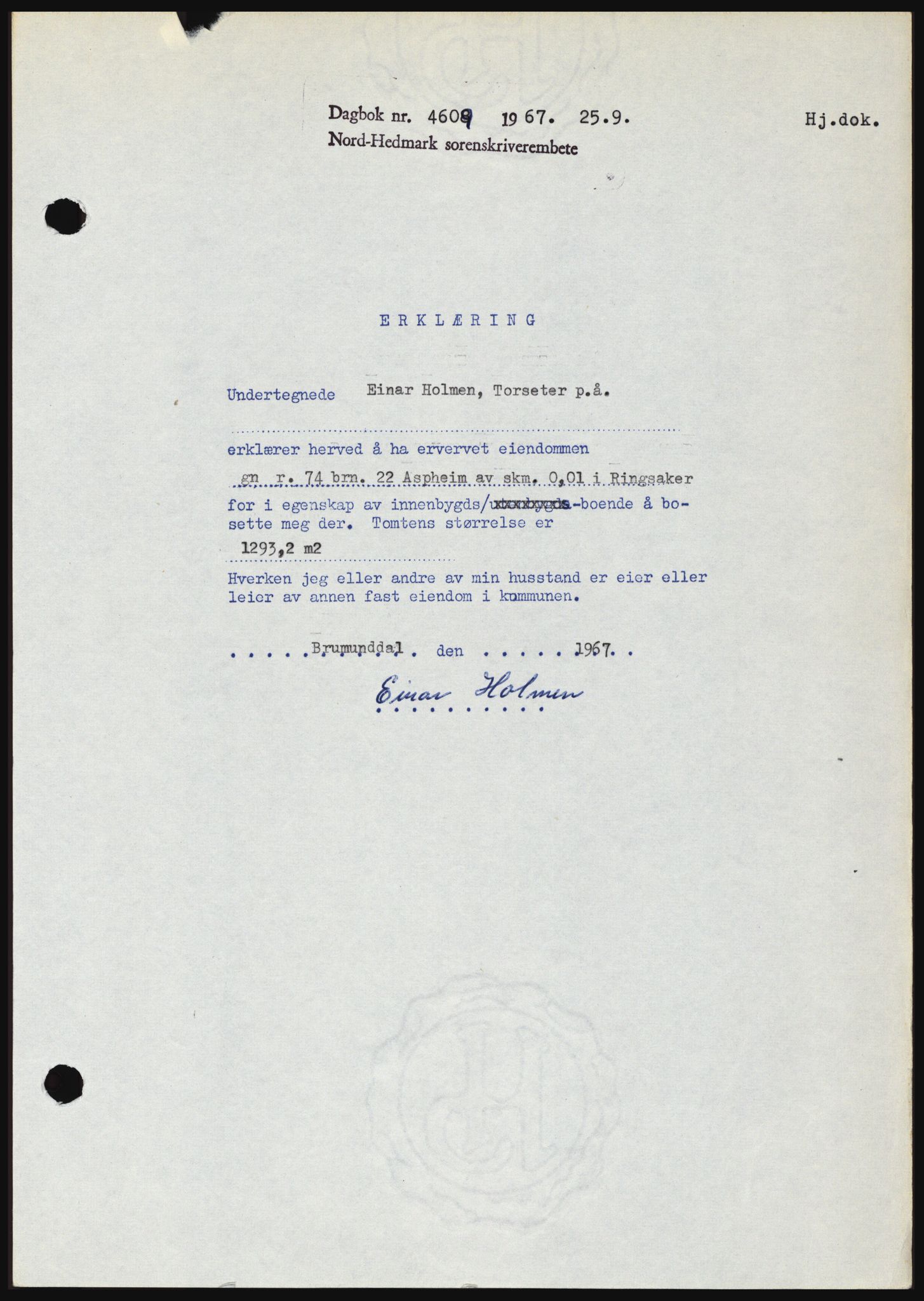 Nord-Hedmark sorenskriveri, SAH/TING-012/H/Hc/L0026: Mortgage book no. 26, 1967-1967, Diary no: : 4609/1967