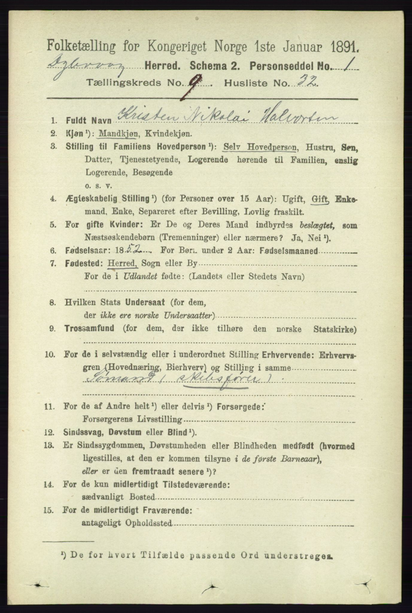 RA, 1891 census for 0915 Dypvåg, 1891, p. 3479