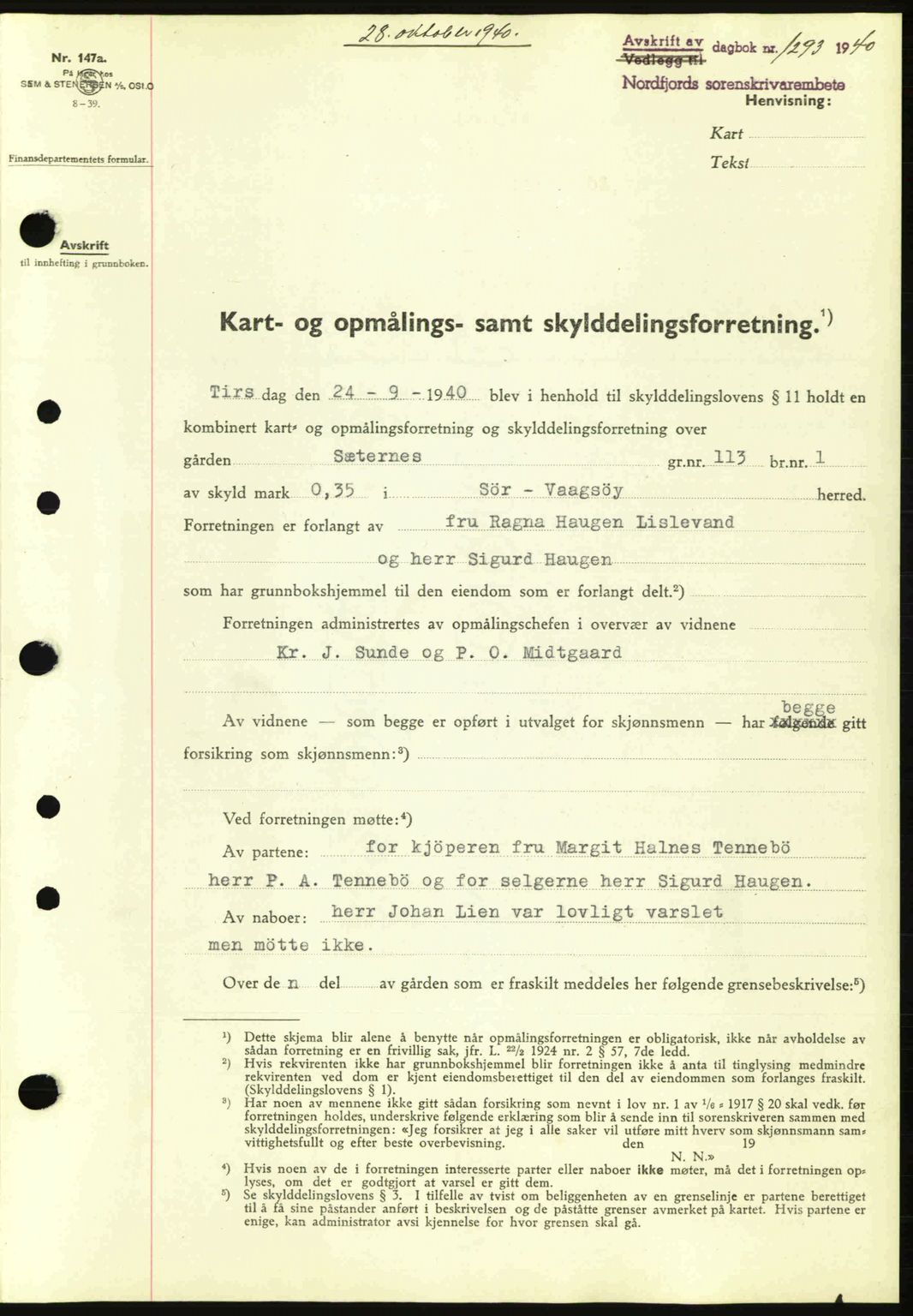 Nordfjord sorenskriveri, AV/SAB-A-2801/02/02b/02bj/L0005: Mortgage book no. A5, 1939-1940, Diary no: : 1293/1940