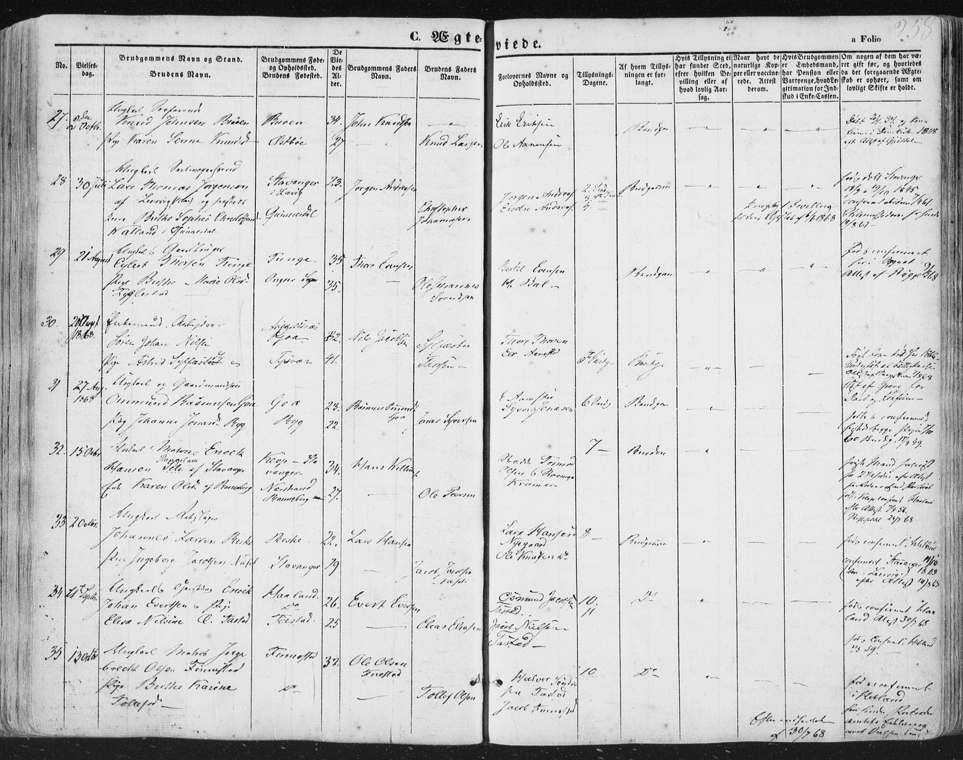 Hetland sokneprestkontor, AV/SAST-A-101826/30/30BA/L0002: Parish register (official) no. A 2, 1849-1869, p. 258