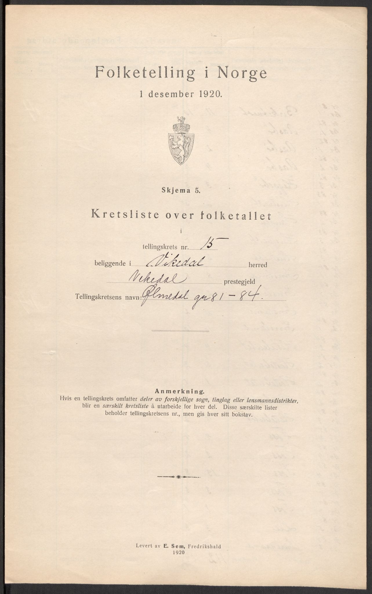 SAST, 1920 census for Vikedal, 1920, p. 114