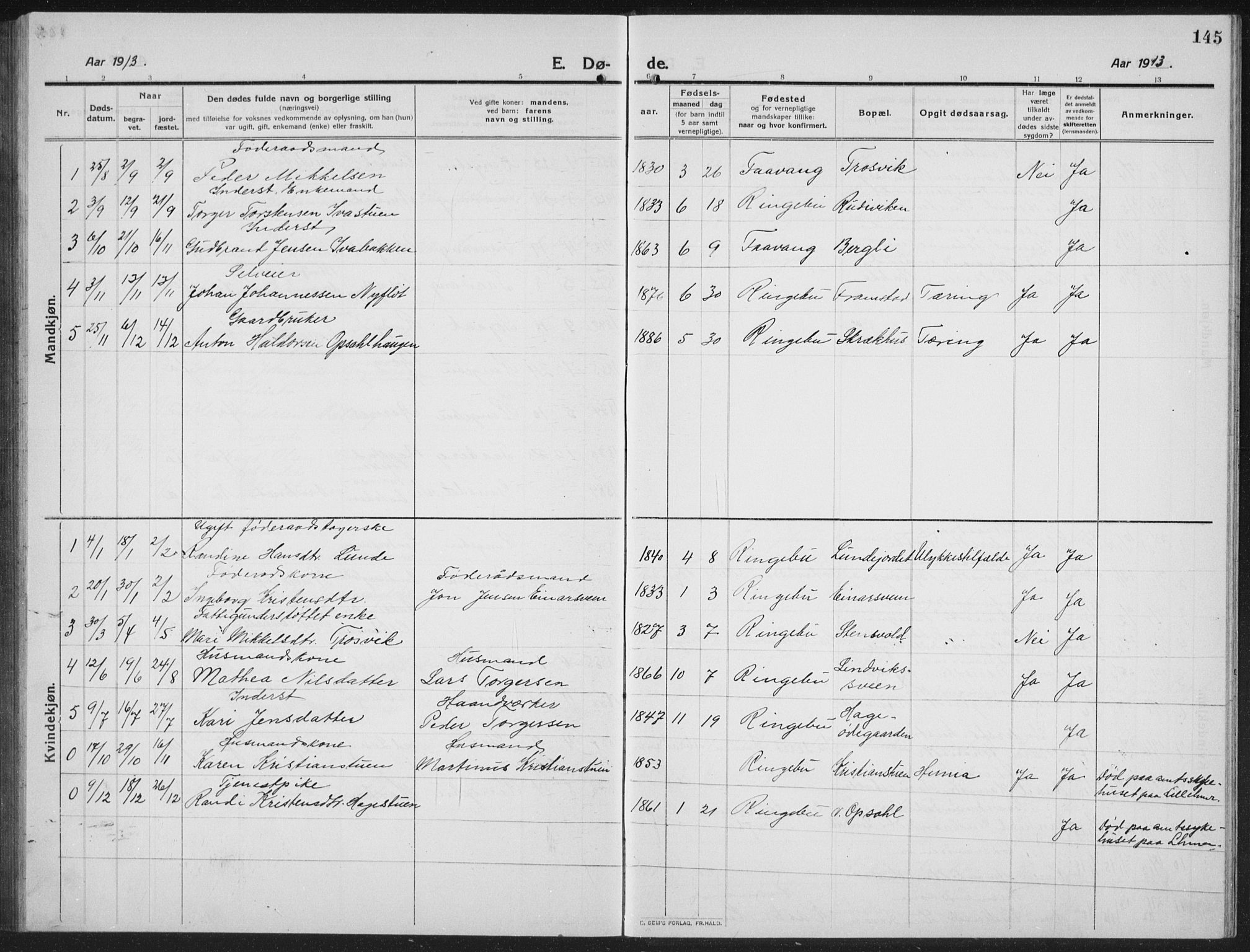 Ringebu prestekontor, SAH/PREST-082/H/Ha/Hab/L0010: Parish register (copy) no. 10, 1911-1934, p. 145