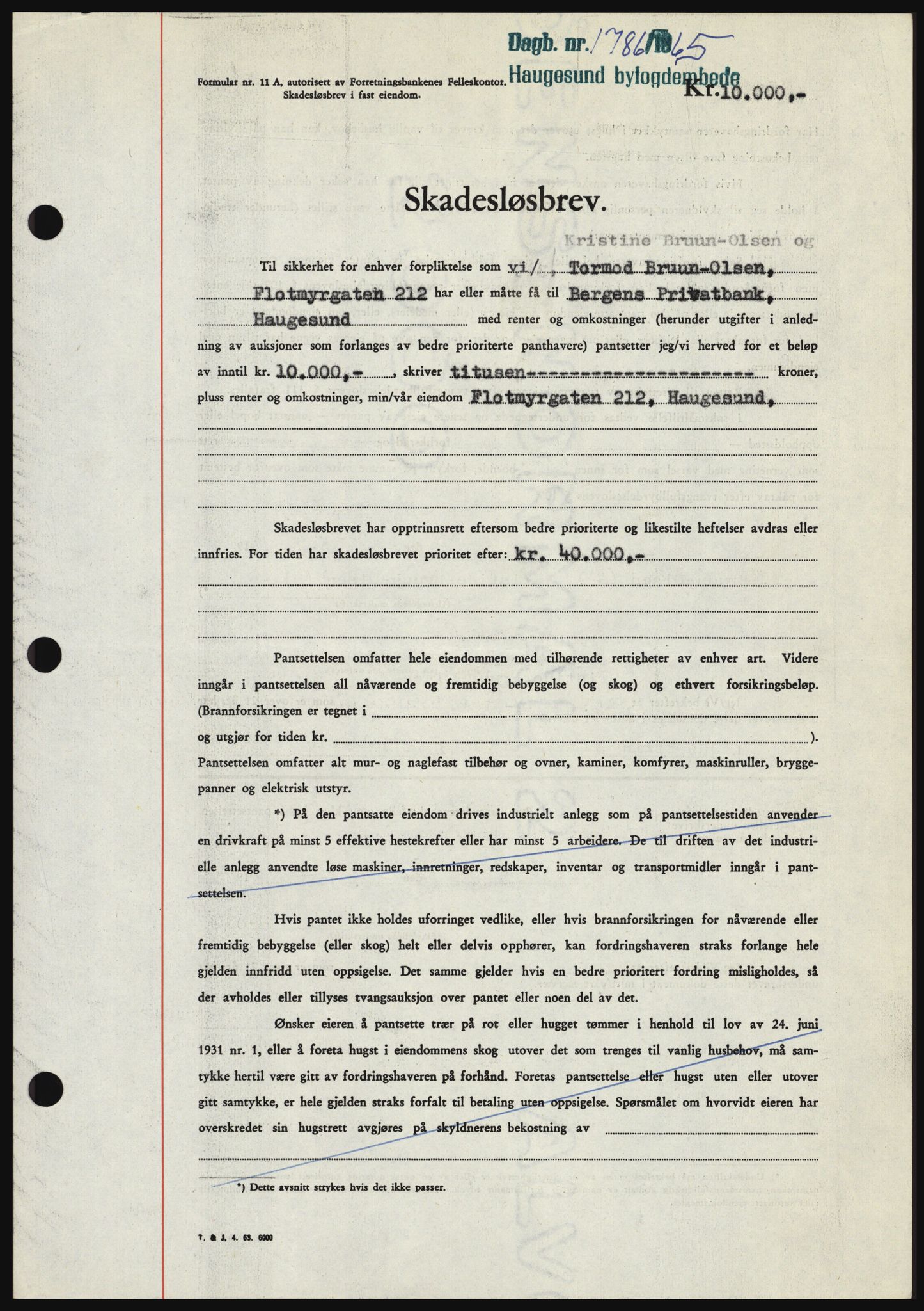 Haugesund tingrett, SAST/A-101415/01/II/IIC/L0053: Mortgage book no. B 53, 1965-1965, Diary no: : 1786/1965