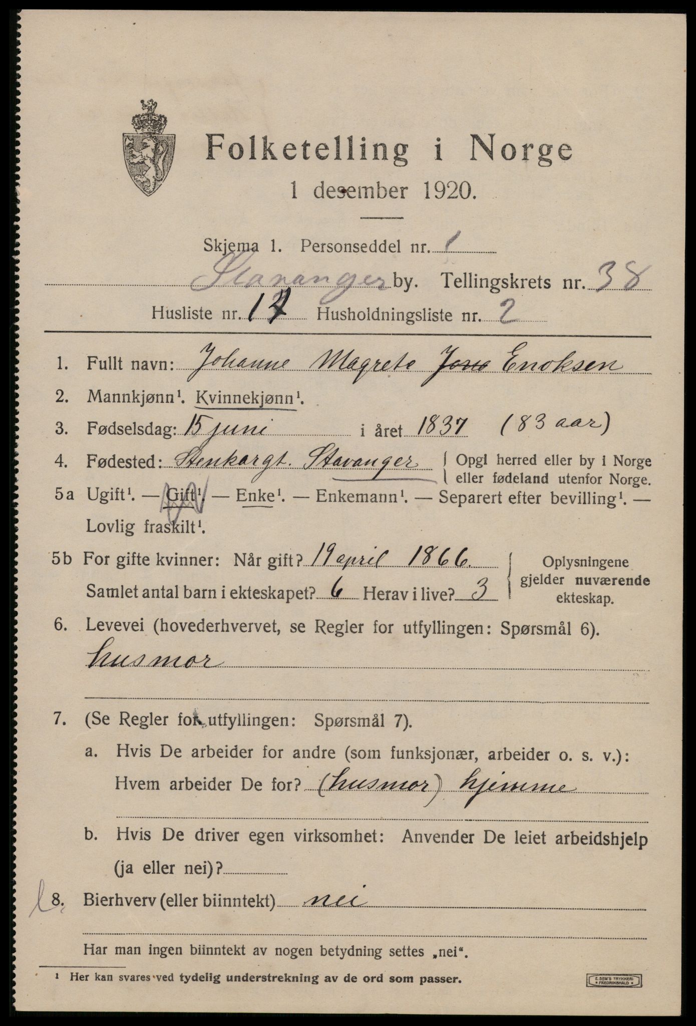 SAST, 1920 census for Stavanger, 1920, p. 99444