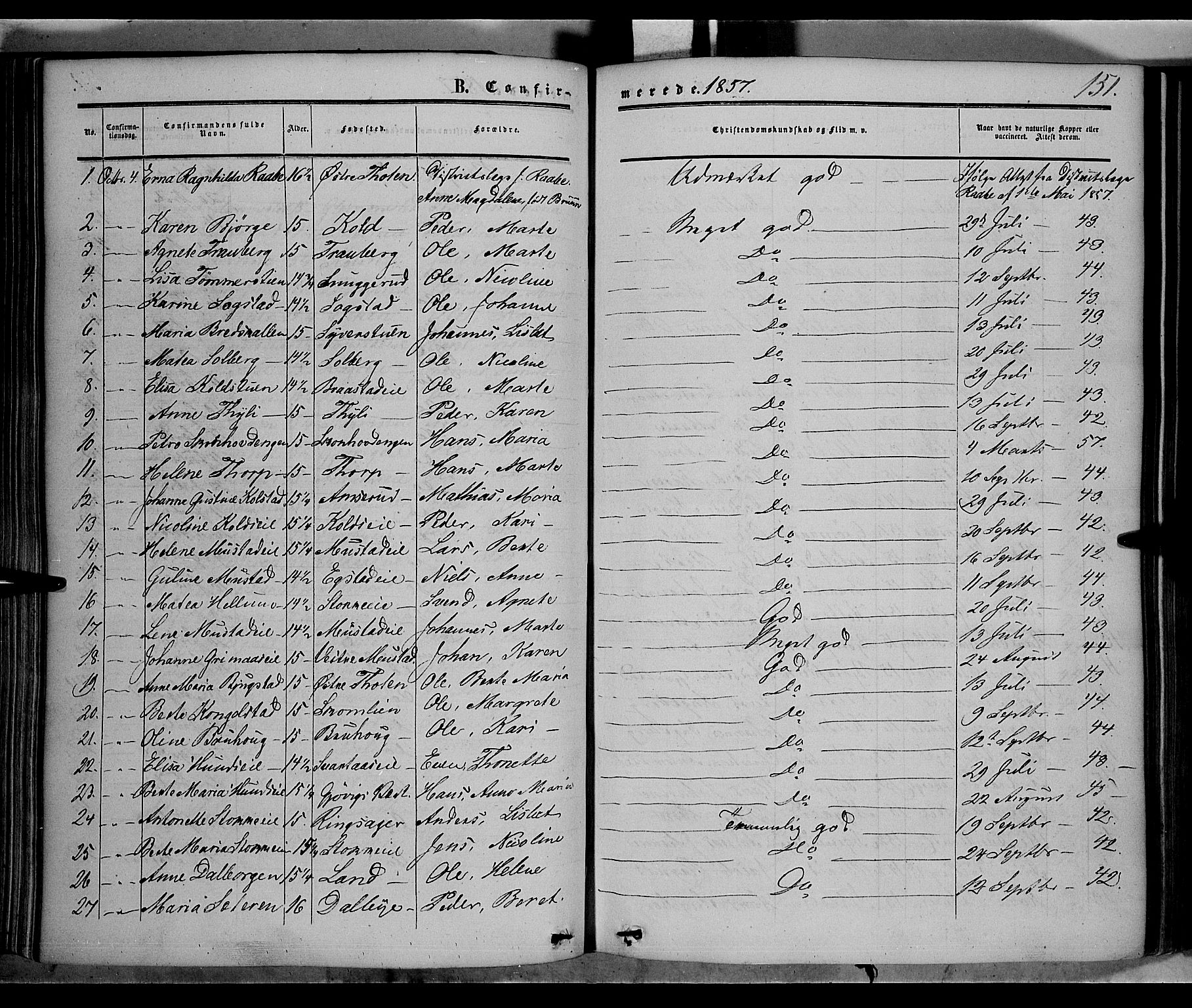 Vardal prestekontor, SAH/PREST-100/H/Ha/Haa/L0006: Parish register (official) no. 6, 1854-1866, p. 151