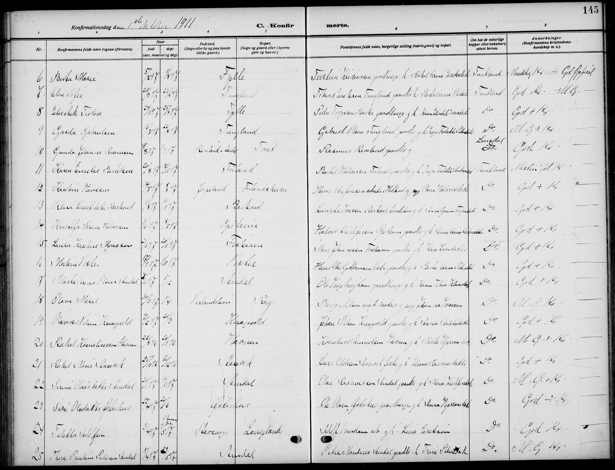 Strand sokneprestkontor, SAST/A-101828/H/Ha/Haa/L0011: Parish register (official) no. A 11, 1908-1930, p. 145