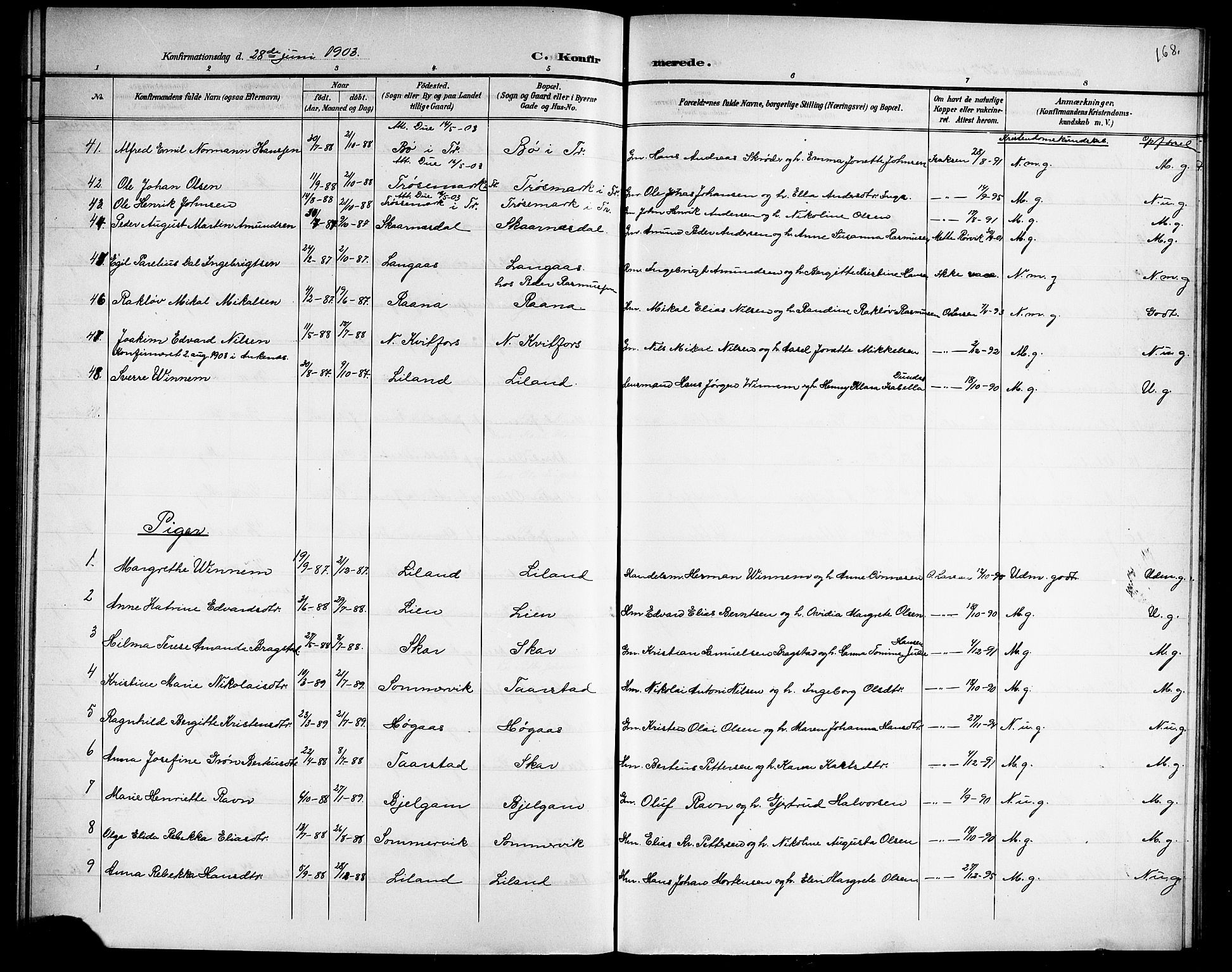 Ministerialprotokoller, klokkerbøker og fødselsregistre - Nordland, AV/SAT-A-1459/863/L0915: Parish register (copy) no. 863C05, 1898-1907, p. 168