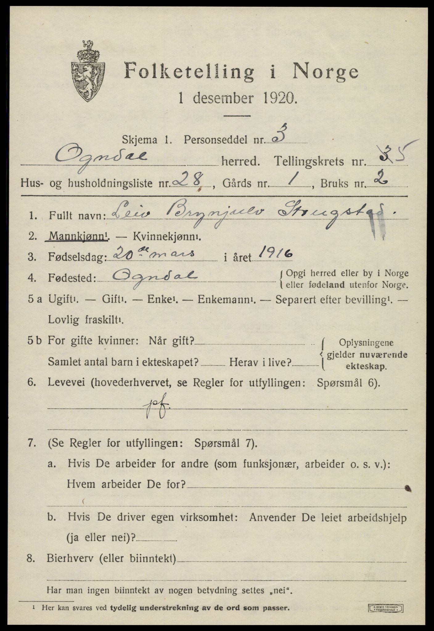 SAT, 1920 census for Ogndal, 1920, p. 2273