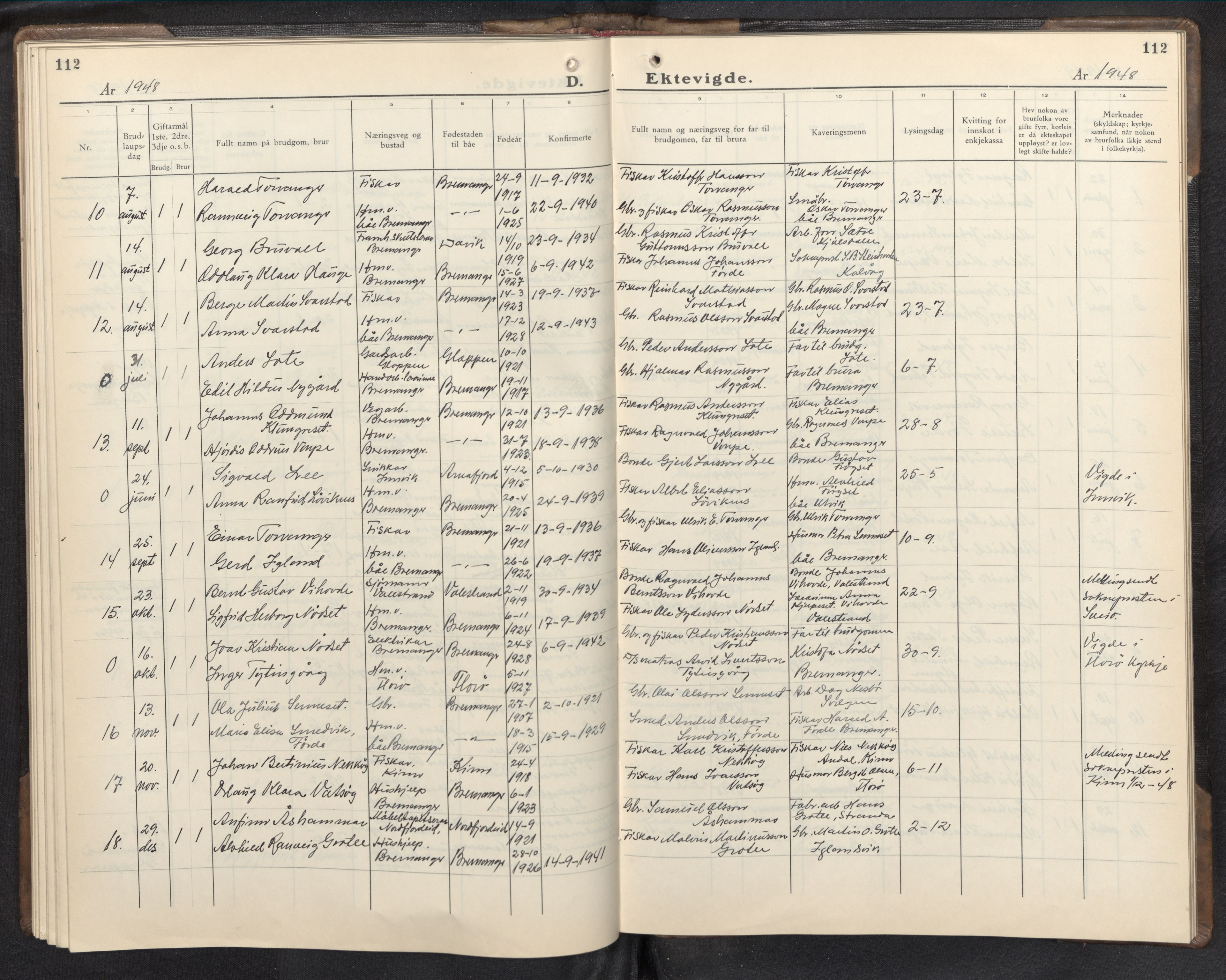 Bremanger sokneprestembete, AV/SAB-A-82201/H/Hab/Habc/L0003: Parish register (copy) no. C 3, 1936-1952, p. 112