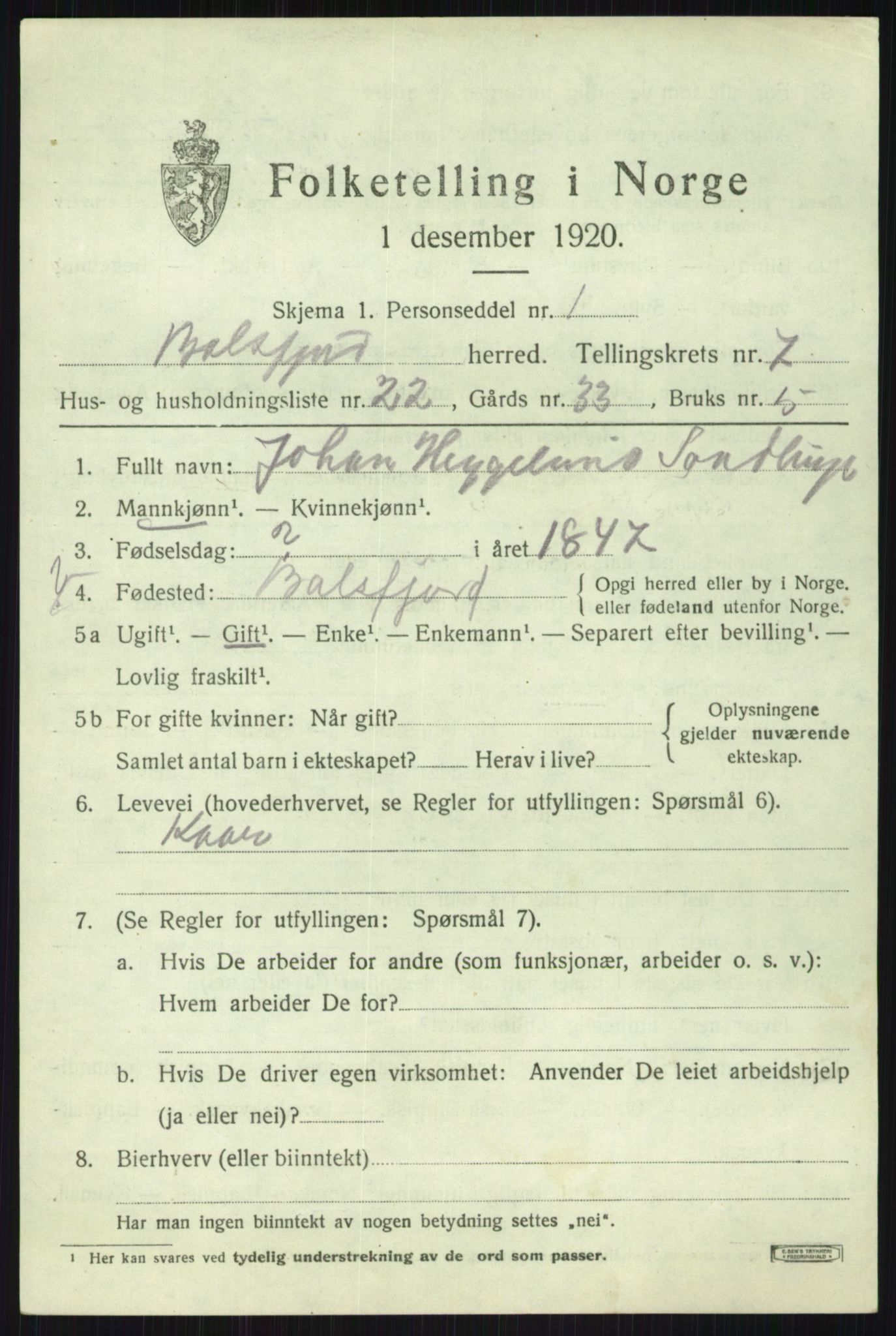 SATØ, 1920 census for Balsfjord, 1920, p. 4456