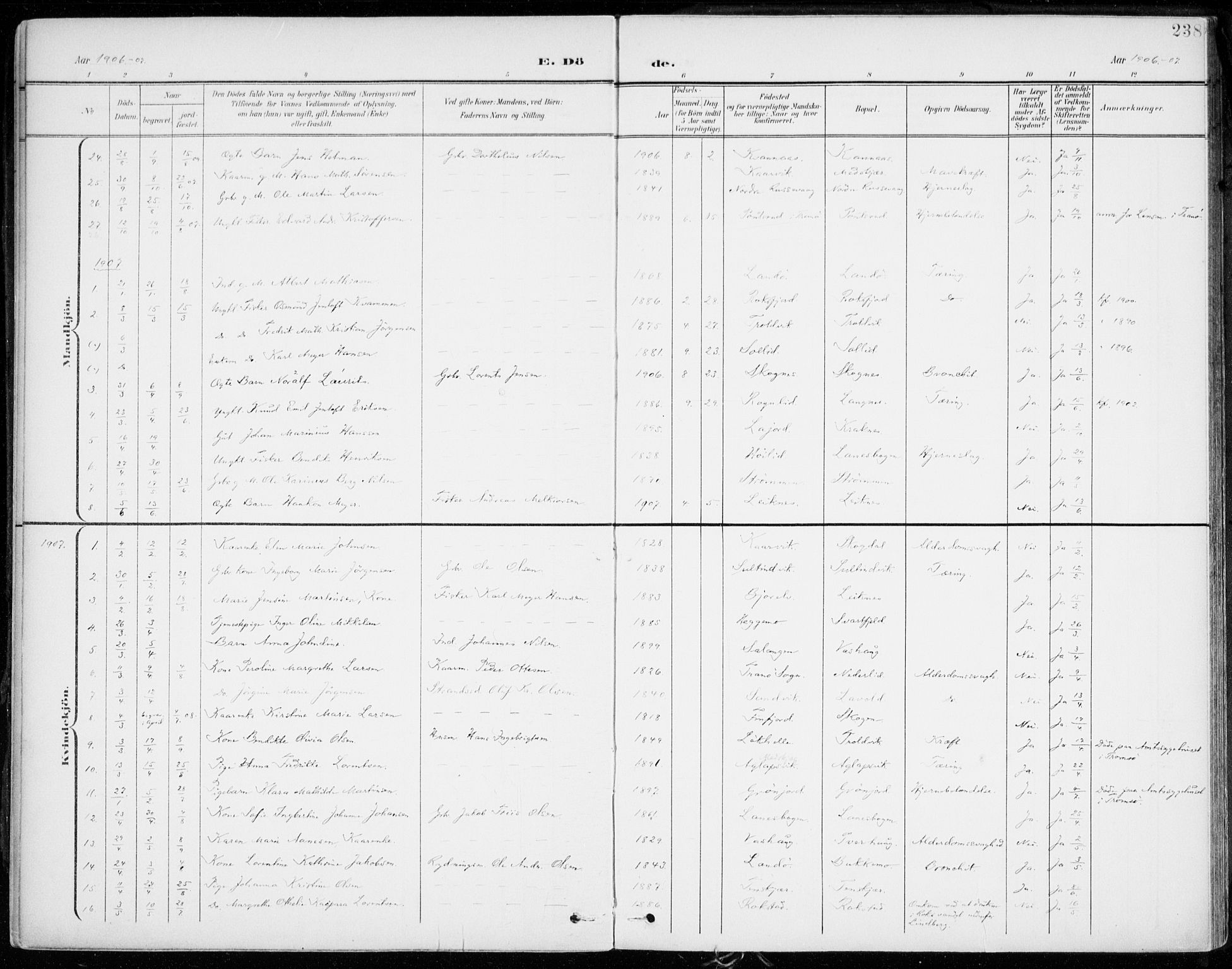 Lenvik sokneprestembete, SATØ/S-1310/H/Ha/Haa/L0014kirke: Parish register (official) no. 14, 1899-1909, p. 238